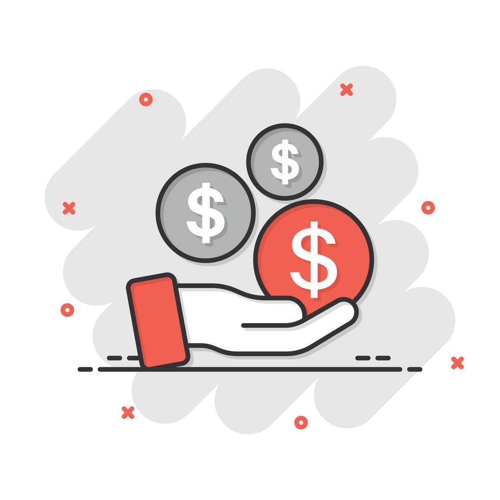 Remuneration icon in comic style. Money in hand cartoon vector illustration on white isolated background. Coin payroll splash effect business concept.