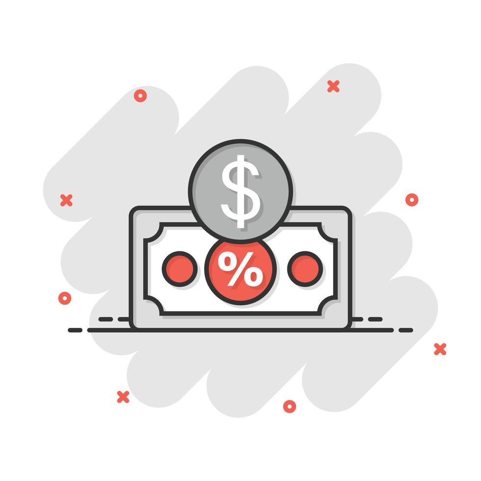 icono de billete de dólar en estilo cómico. ilustración vectorial de dibujos animados de descuento en efectivo en dólares sobre fondo blanco aislado. billete de banco con concepto de negocio de efecto de salpicadura porcentual. vector