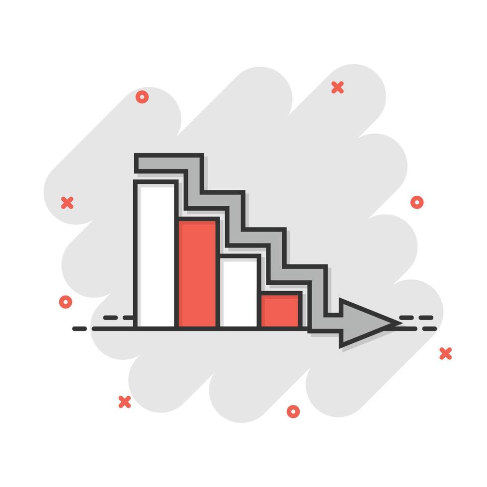 icono de tendencia del mercado en estilo cómico. Flecha de declive con ilustración de vector de dibujos animados de lupa sobre fondo blanco aislado. disminuir el concepto de negocio de efecto de salpicadura.