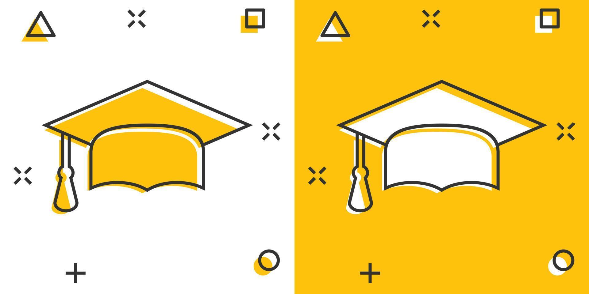 Cartoon graduation cap icon in comic style. Finish education sign illustration pictogram. Education business concept. vector