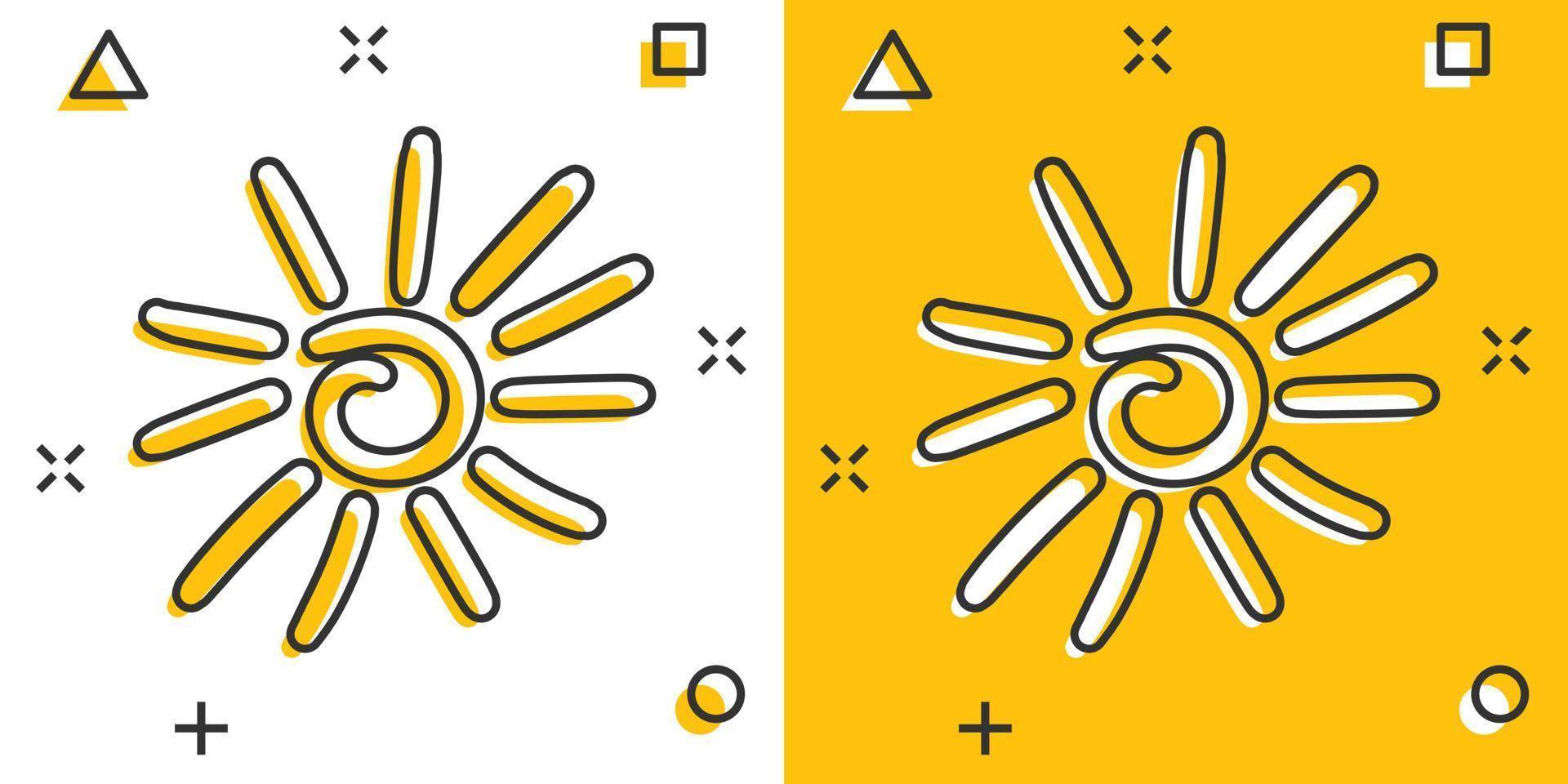 Vector hand drawn sun icon in comic style. Summer sign illustration pictogram. Sun business splash effect concept.