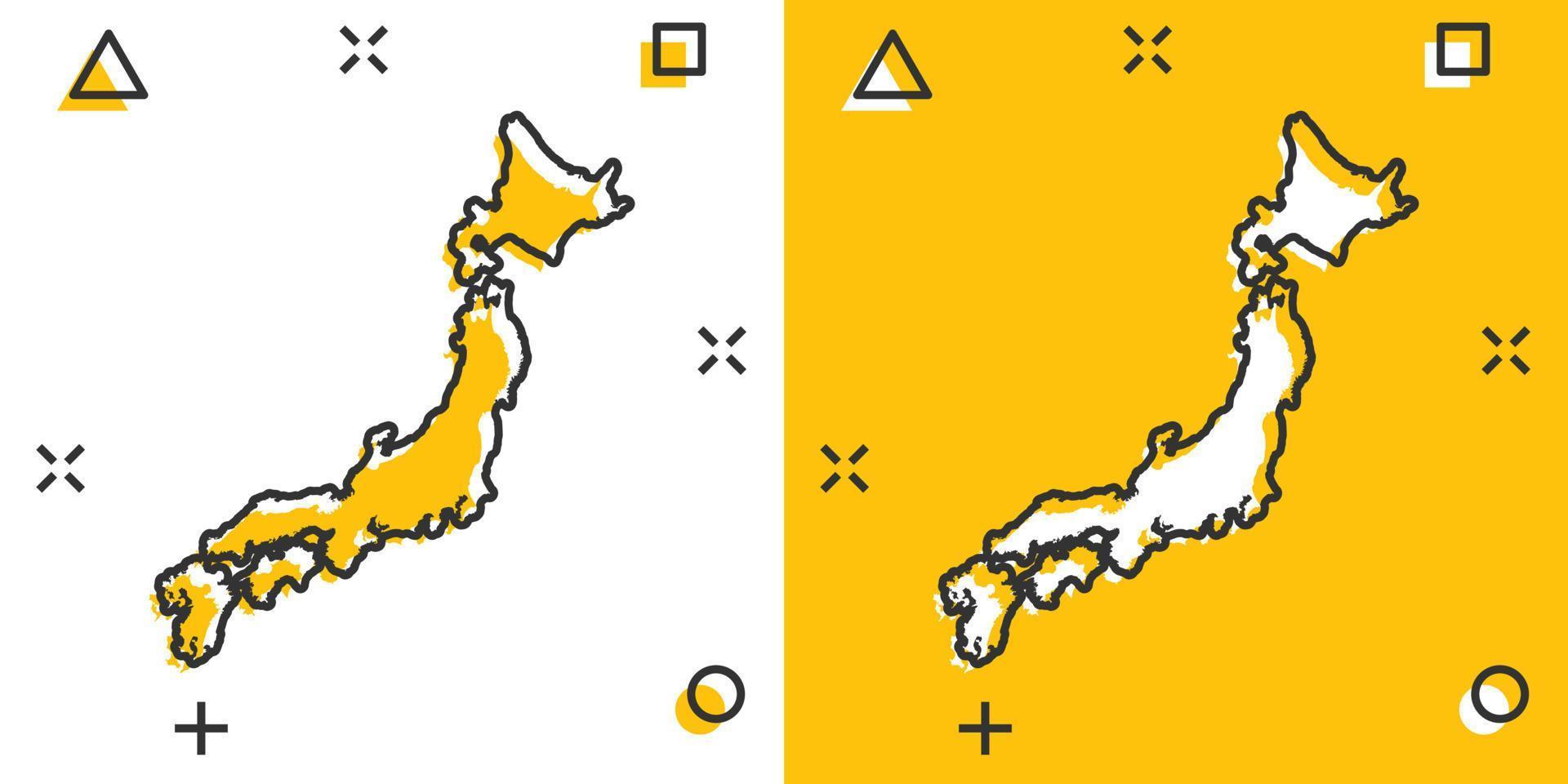 icono de mapa de japón de color de dibujos animados en estilo cómico. pictograma de ilustración de signo de japón. concepto de negocio de salpicaduras de geografía del país. vector