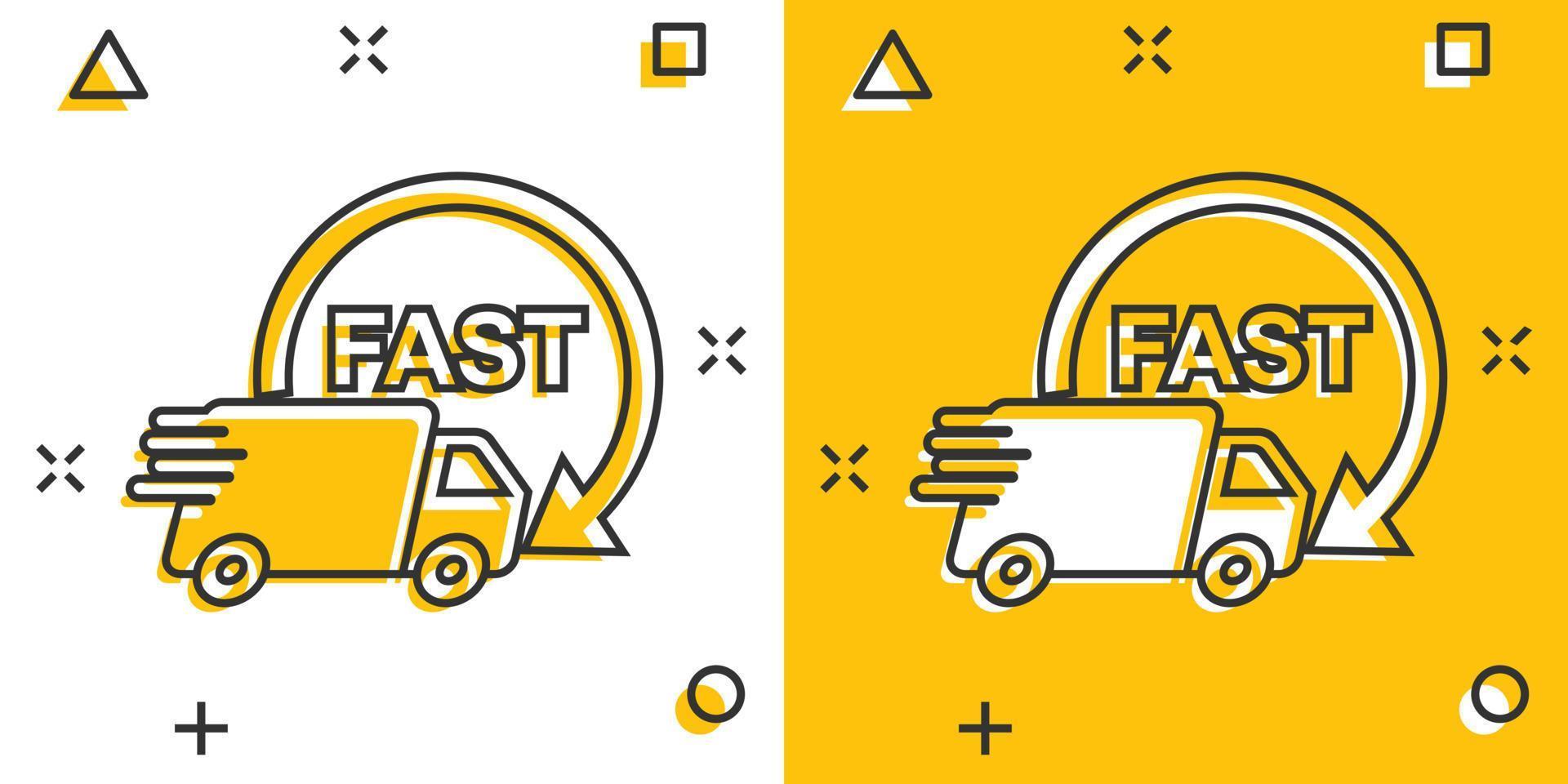 Vector cartoon truck, car icon in comic style. Fast delivery service shipping sign illustration pictogram. Car van business splash effect concept.