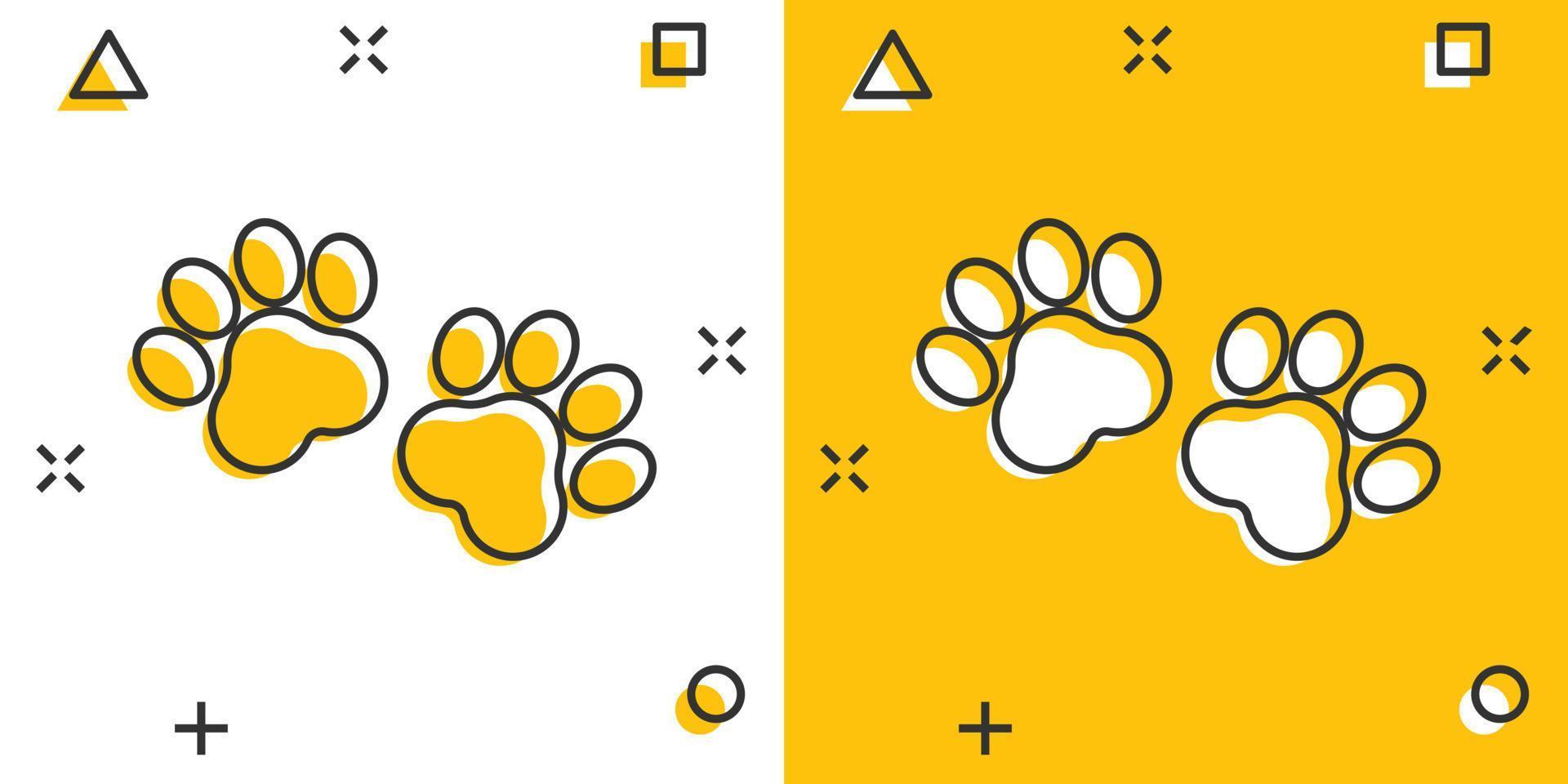 Vector cartoon paw print icon in comic style. Dog or cat pawprint sign illustration pictogram. Animal business splash effect concept.