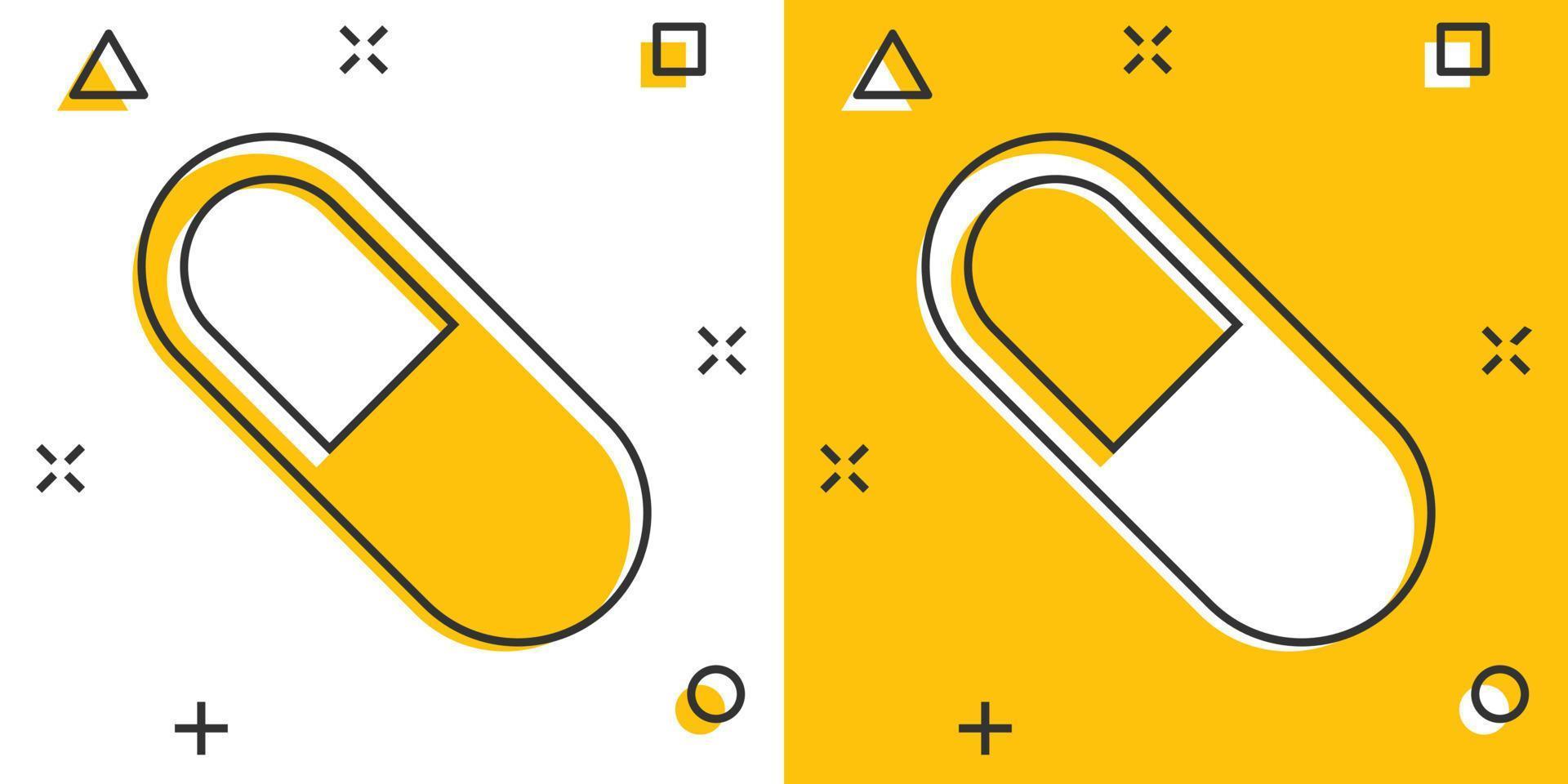 Vector cartoon pill icon in comic style. Tablet concept illustration pictogram. Capsule medical business splash effect concept.