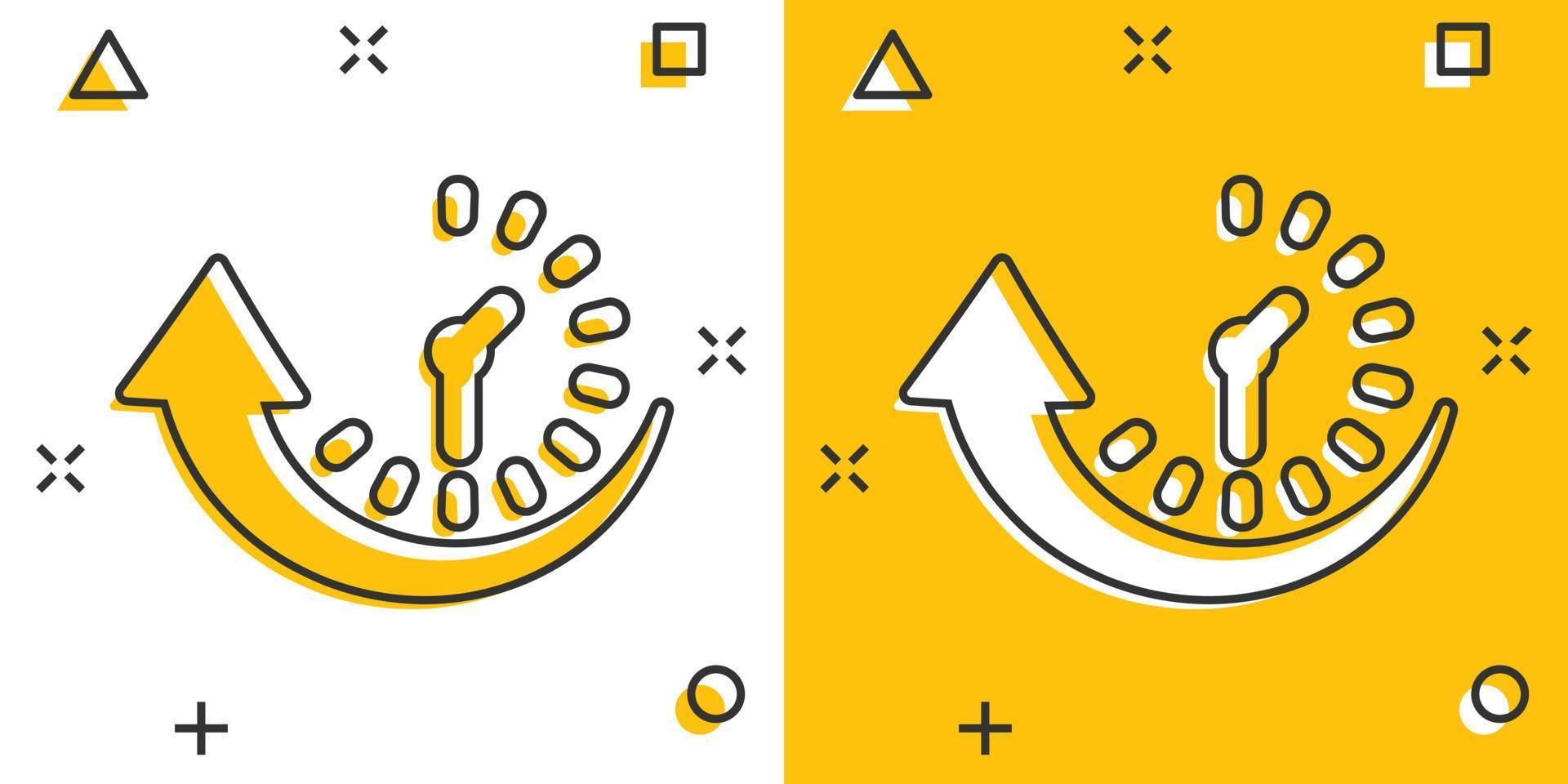 Downtime icon in comic style. Uptime vector cartoon illustration on white isolated background. Clock business concept splash effect.