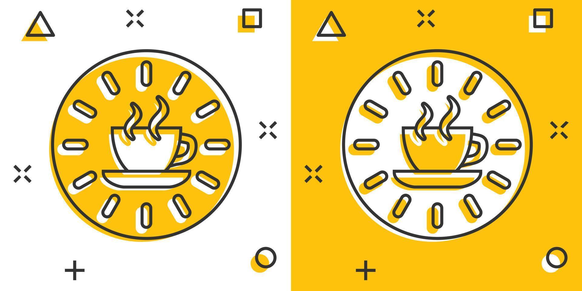 icono de pausa para el café en estilo cómico. reloj con ilustración de vector de dibujos animados de taza de té sobre fondo blanco aislado. concepto de negocio de efecto de salpicadura de tiempo de desayuno.