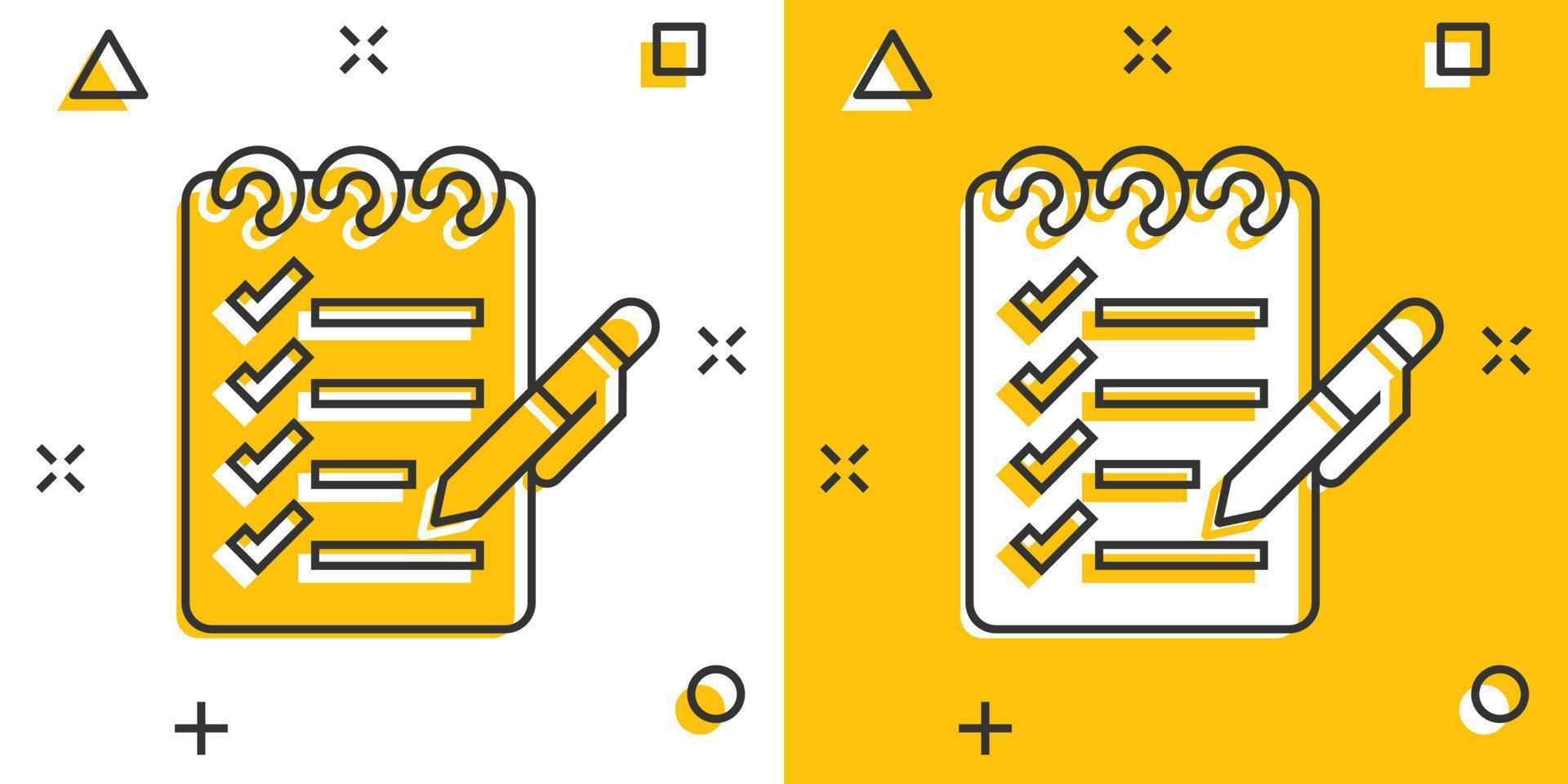 To do list icon in comic style. Document checklist cartoon vector illustration on white isolated background. Notepad check mark splash effect business concept.