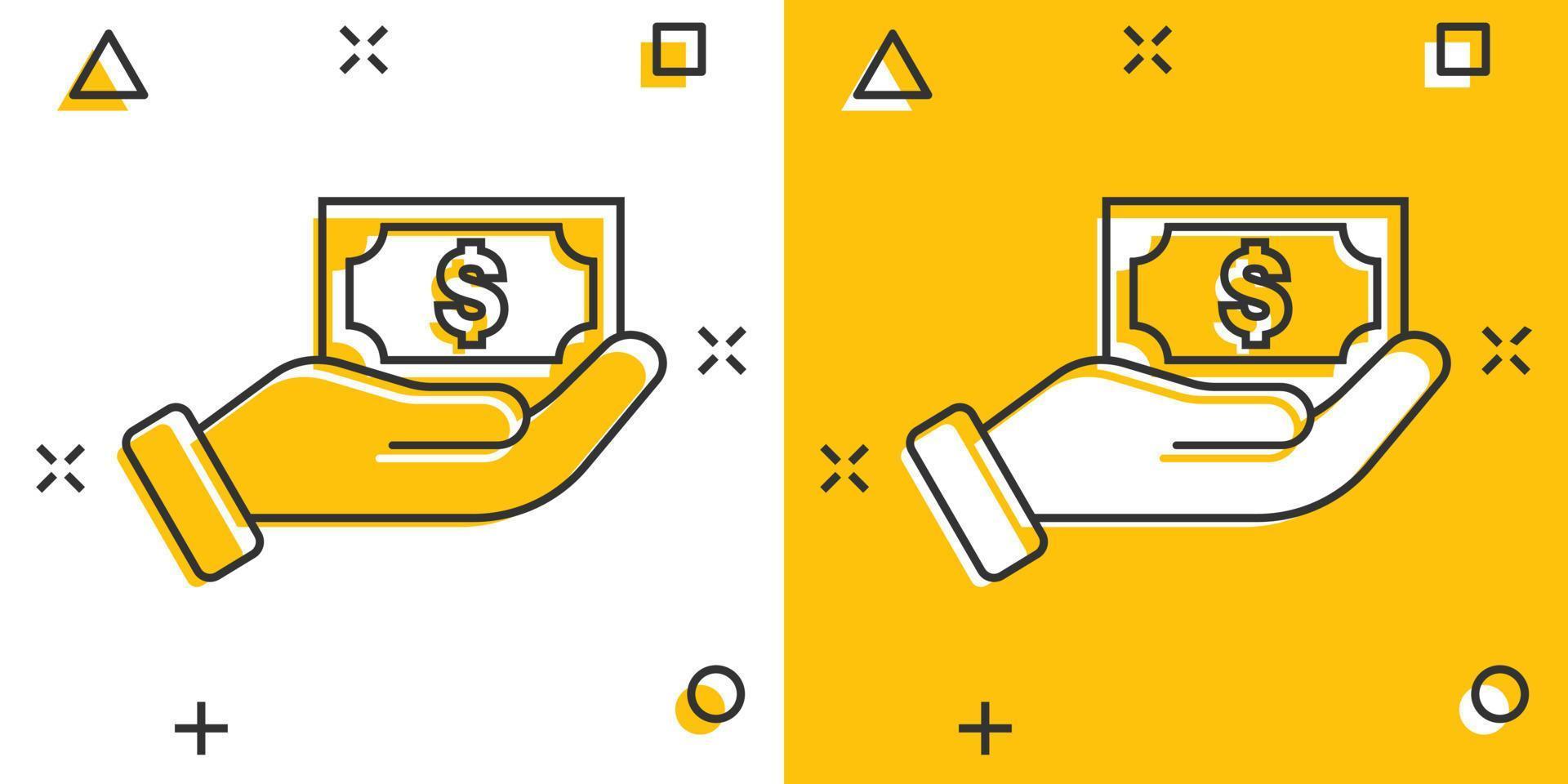 Remuneration icon in comic style. Money in hand cartoon vector illustration on white isolated background. Banknote payroll splash effect business concept.