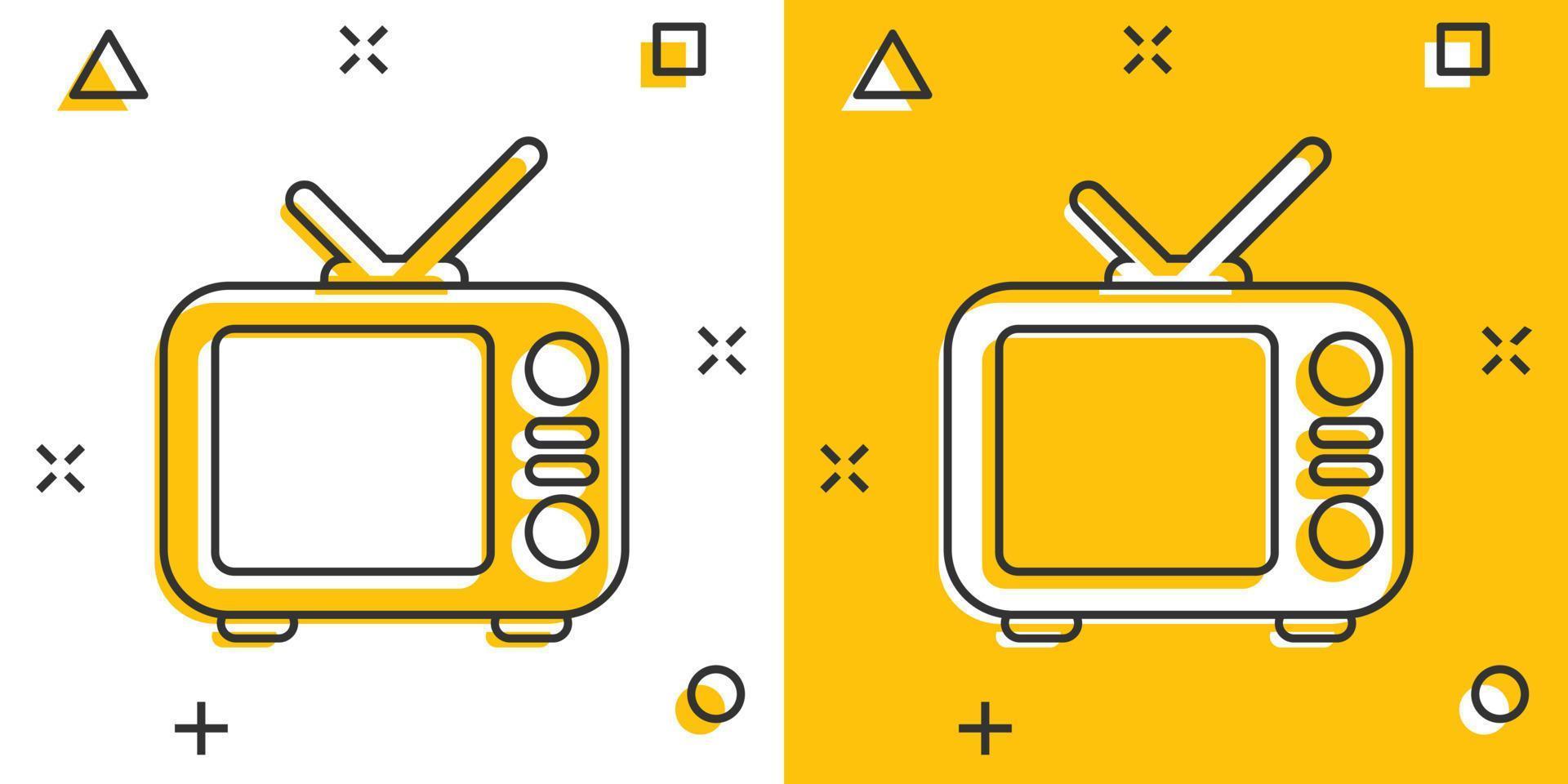 icono de tv en estilo cómico. ilustración de vector de signo de dibujos animados de televisión sobre fondo blanco aislado. concepto de negocio de efecto de salpicadura de canal de video.