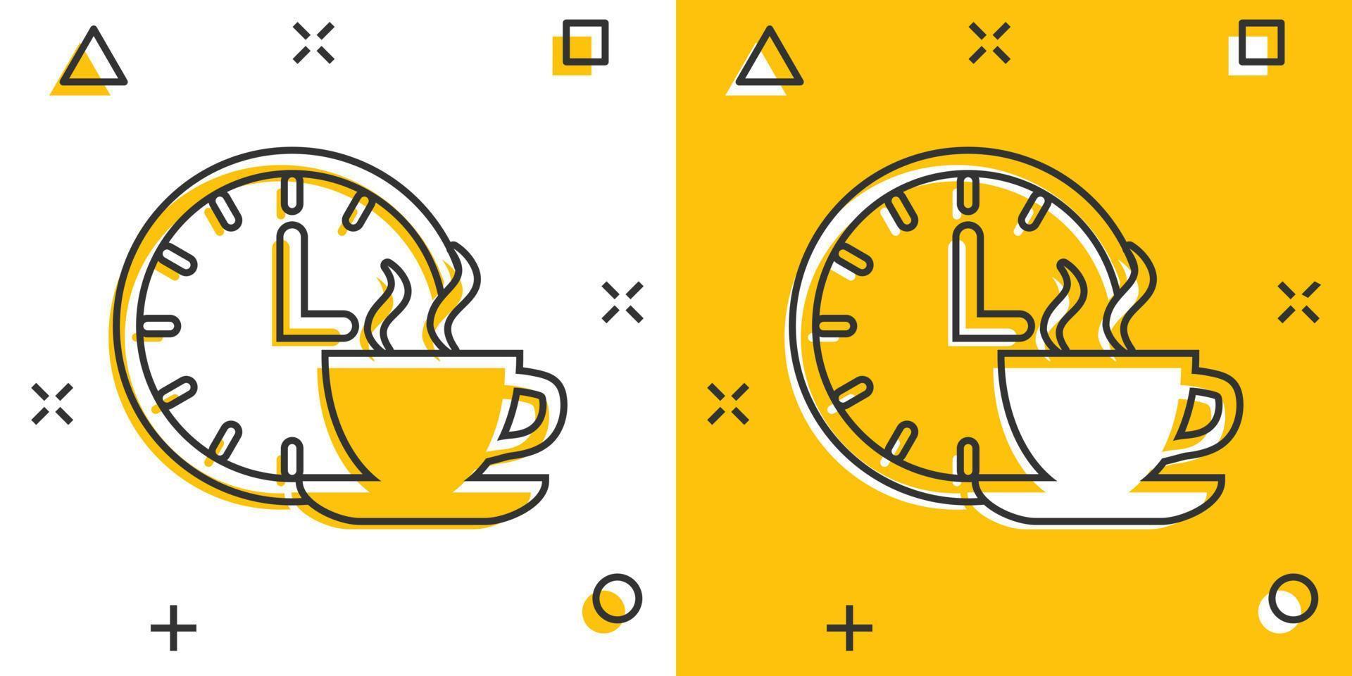 Coffee break icon in comic style. Clock with tea cup cartoon vector illustration on white isolated background. Breakfast time splash effect business concept.