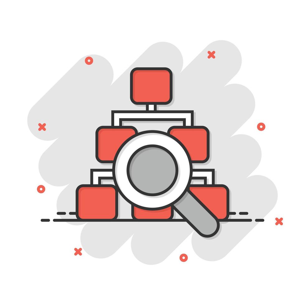 Hierarchy diagram icon in comic style. Structure search cartoon vector illustration on white isolated background. Organization workflow splash effect business concept.