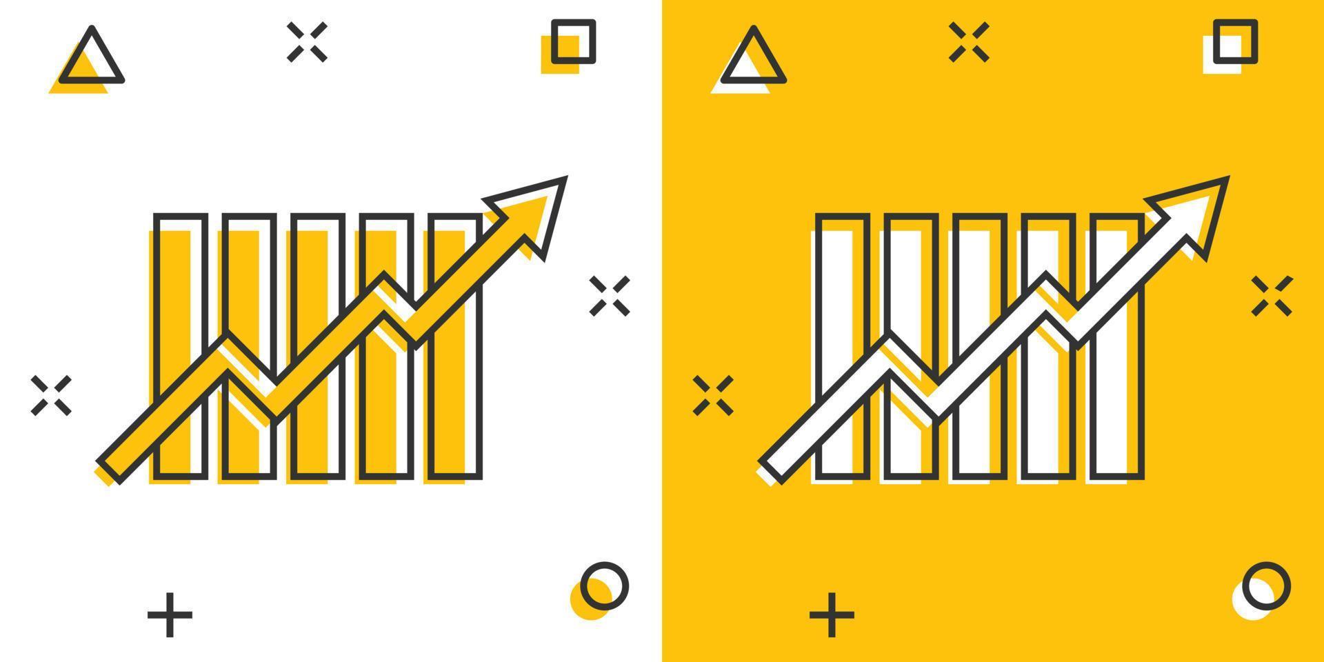 creciente icono de gráfico de barras en estilo cómico. aumentar el pictograma de ilustración de dibujos animados de vector de flecha. efecto de salpicadura de concepto de negocio de progreso infográfico.