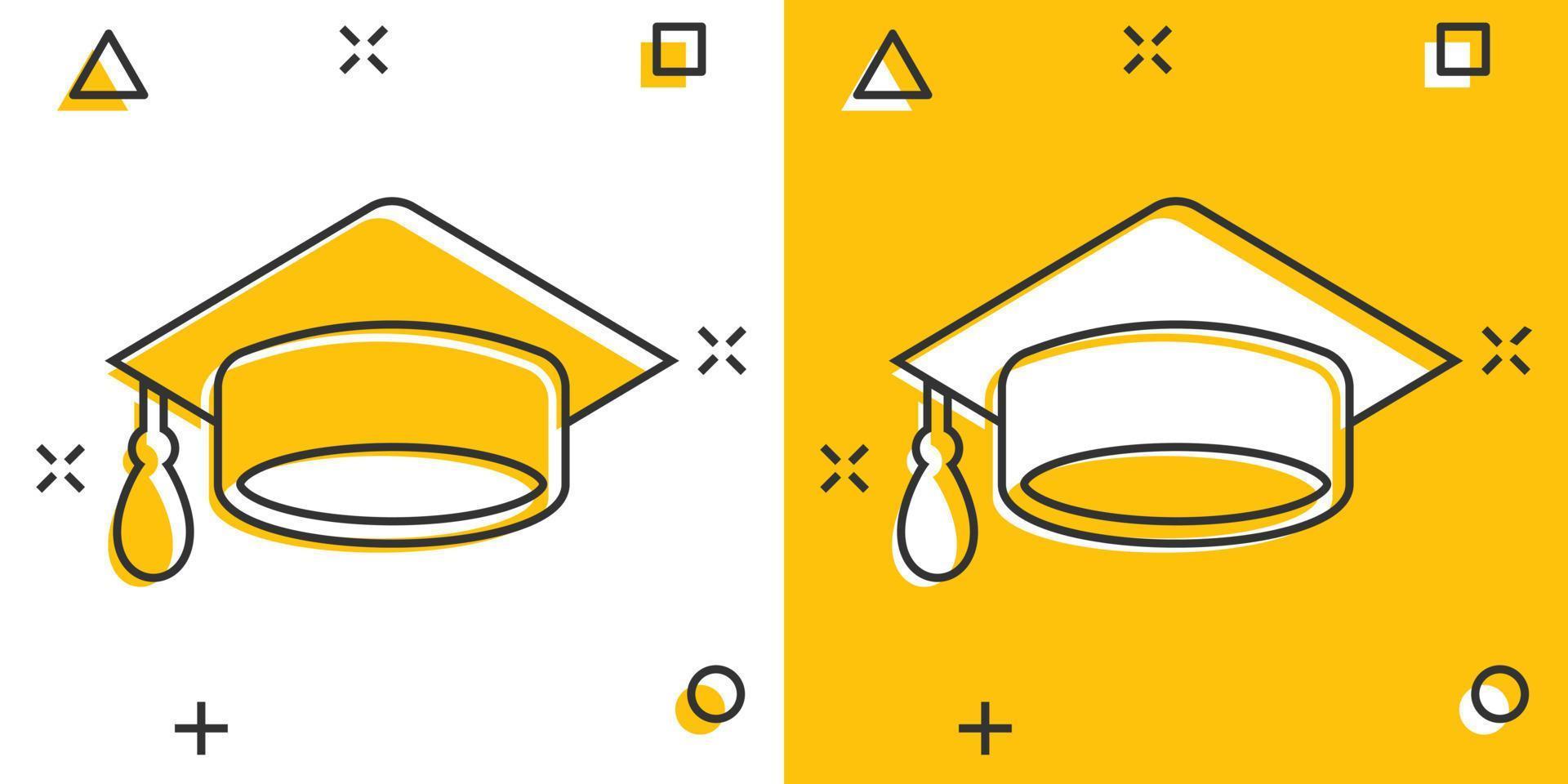 icono de gorra de graduación en estilo cómico. ilustración de dibujos animados de vector de sombrero de educación sobre fondo blanco aislado. efecto de salpicadura de concepto de negocio de licenciatura universitaria.