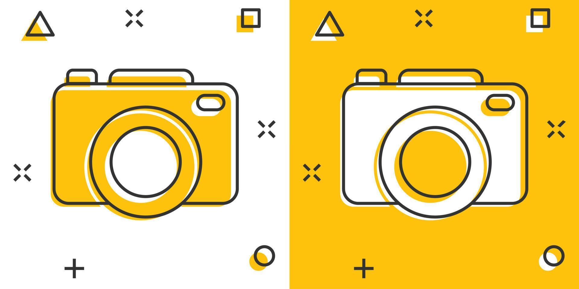 Camera device sign icon in comic style. Photography vector cartoon illustration on white isolated background. Cam equipment business concept splash effect.