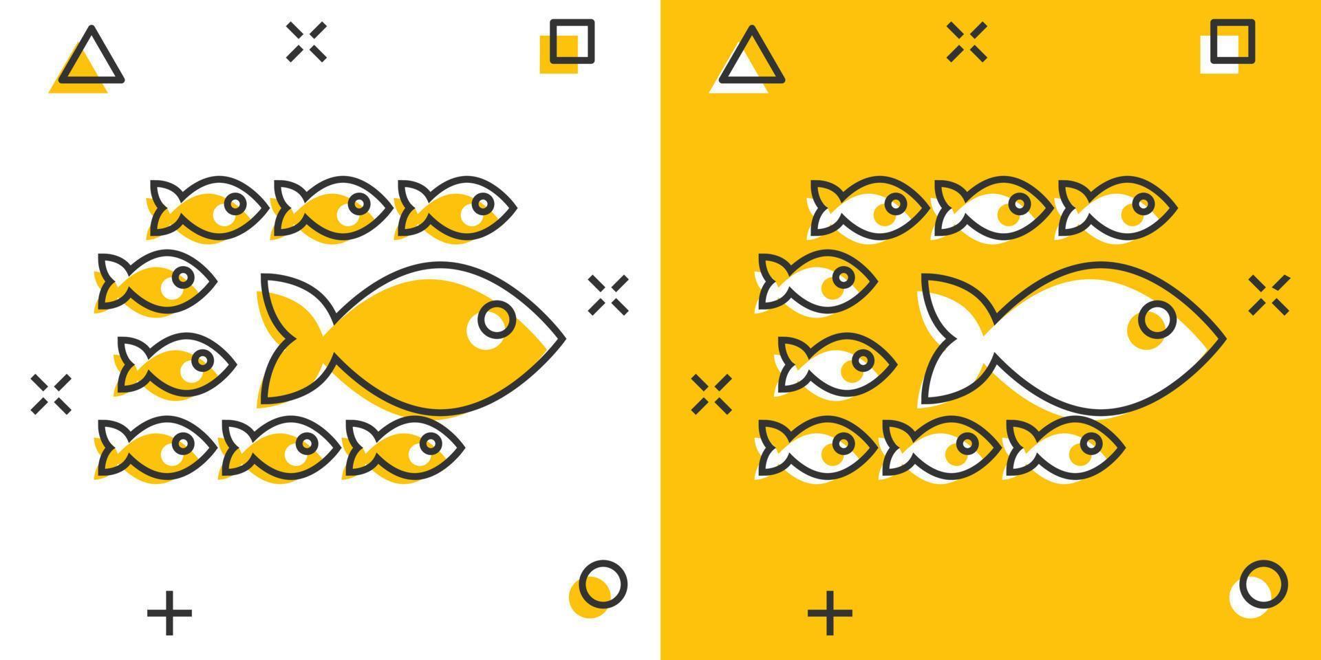 icono de signo de pescado en estilo cómico. ilustración de dibujos animados de vector de pez dorado sobre fondo blanco aislado. efecto de salpicadura del concepto de negocio de mariscos.