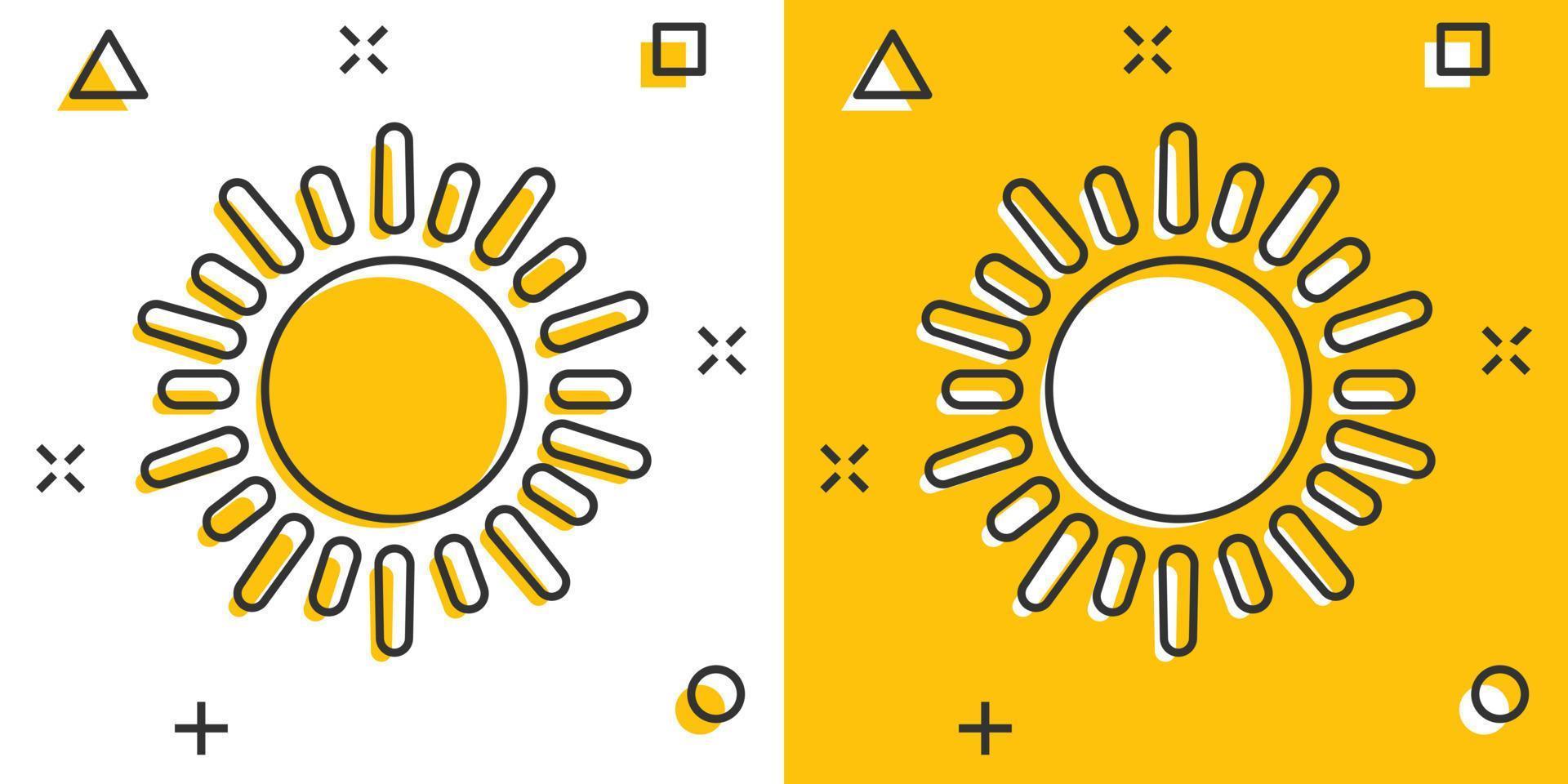 icono de sol en estilo cómico. ilustración de vector de signo de dibujos animados de luz solar sobre fondo blanco aislado. concepto de negocio de efecto de salpicadura de luz diurna.