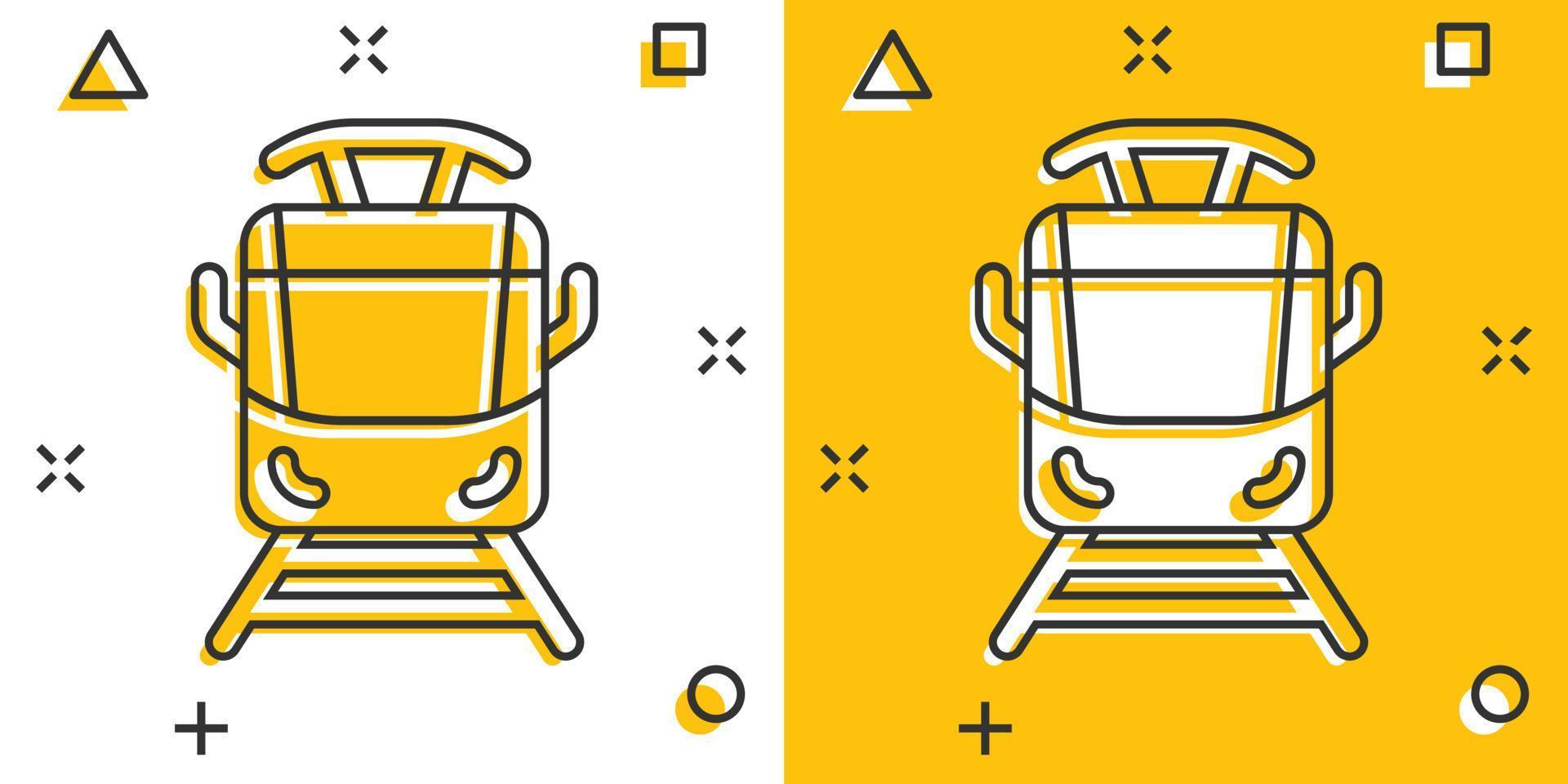 Metro icon in comic style. Train subway cartoon vector illustration on white isolated background. Railroad cargo splash effect business concept.