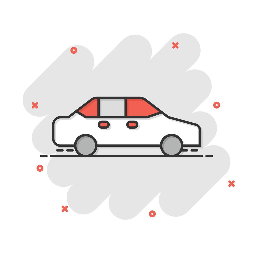 icono de coche en estilo cómico. ilustración de vector de dibujos animados de vehículo de automóvil sobre fondo blanco aislado. concepto de negocio de efecto de salpicadura de sedán.