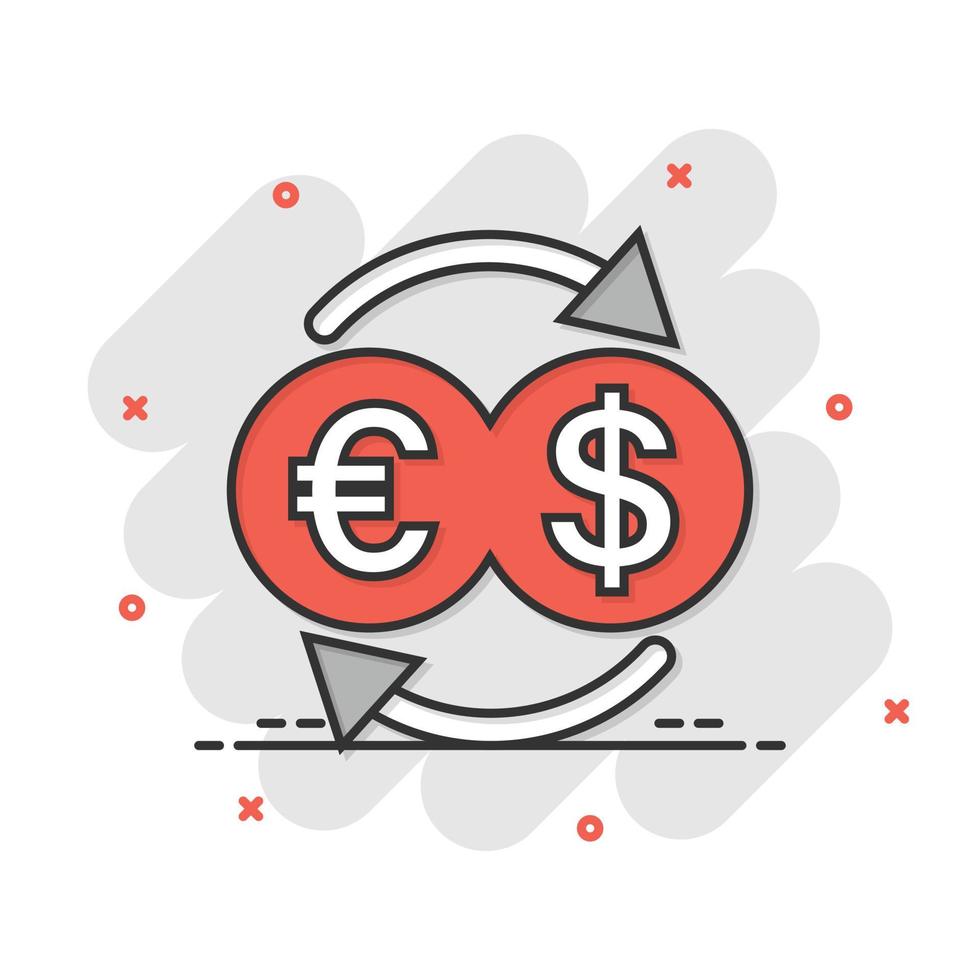 icono de cambio de moneda en estilo cómico. Ilustración de vector de dibujos animados de transferencia de dólar euro sobre fondo blanco aislado. concepto de negocio de efecto de salpicadura de proceso financiero.