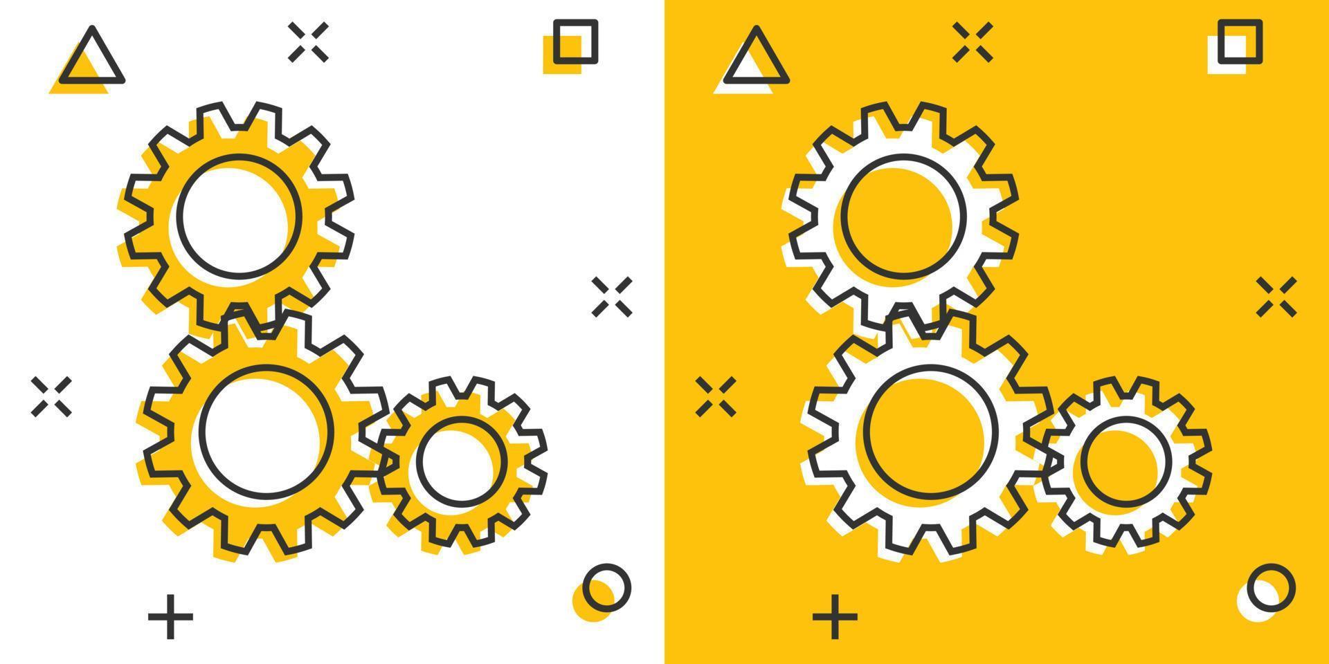 icono de engranaje de dibujos animados en estilo cómico. pictograma de ilustración de rueda dentada. concepto de negocio de salpicaduras de rueda dentada. vector