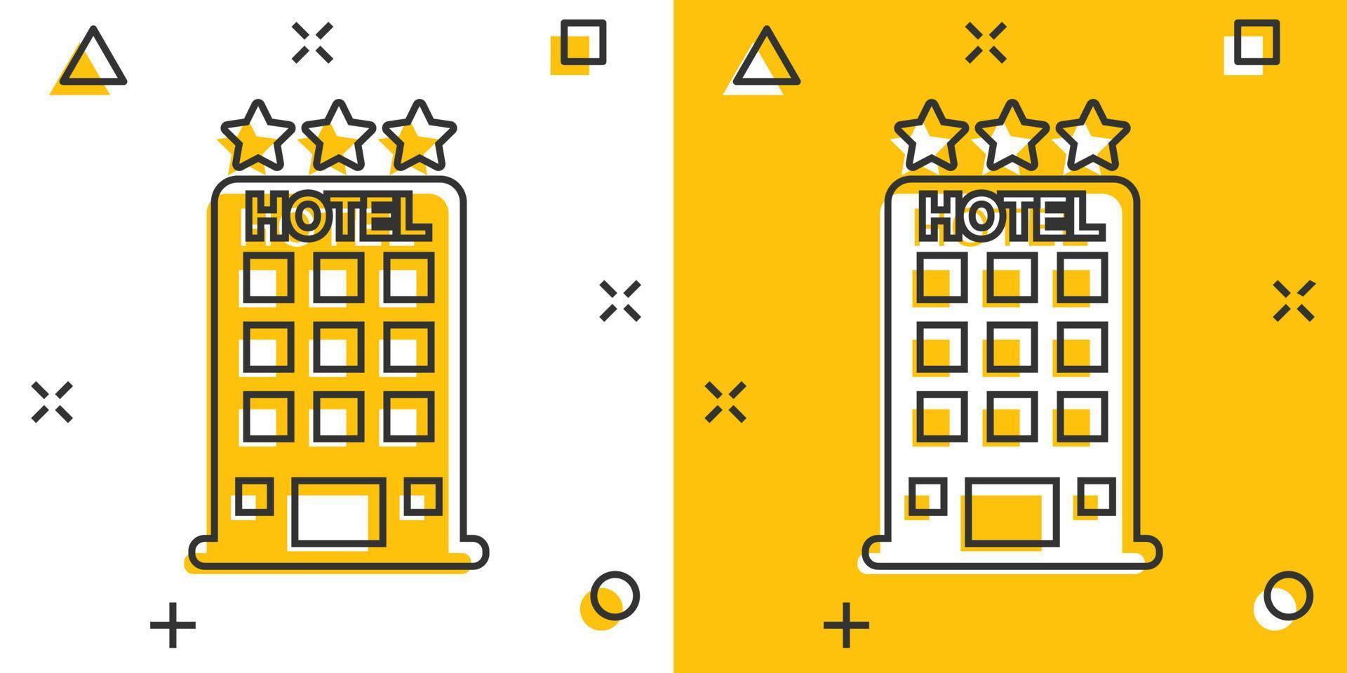 icono de hotel de dibujos animados de vector en estilo cómico. pictograma de ilustración de signo de torre. concepto de efecto de salpicadura de negocios de apartamentos de hotel.