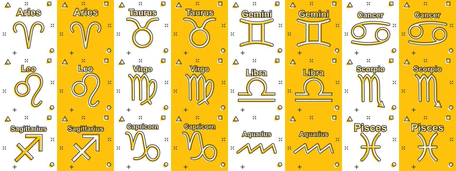 Vector cartoon zodiac icon set in comic style. Astrology signs illustration pictogram. Astrological horoscope business splash effect concept.