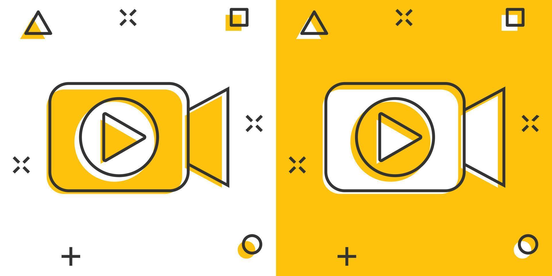 Video camera icon in comic style. Movie play vector cartoon illustration pictogram. Video streaming business concept splash effect.