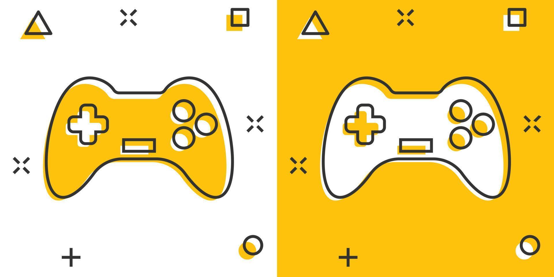 icono de signo de joystick en estilo cómico. ilustración de dibujos animados de vector de gamepad sobre fondo blanco aislado. Efecto de salpicadura de concepto de negocio de controlador de consola de juegos.