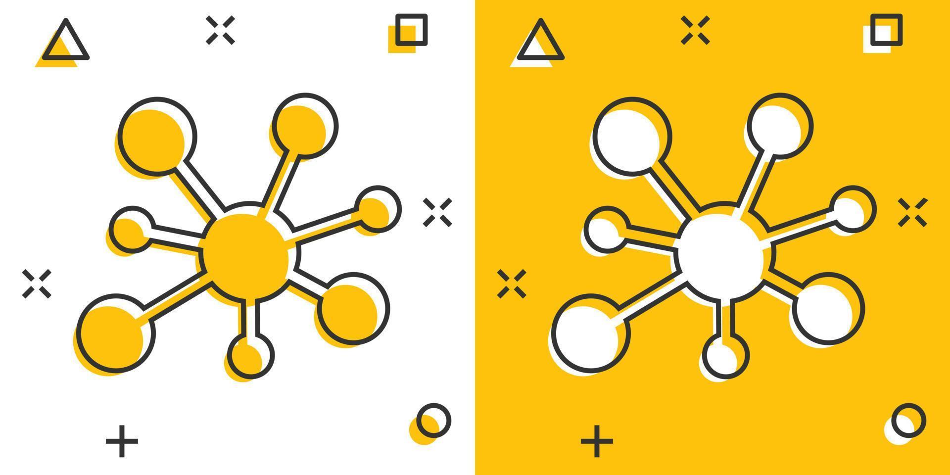 icono de signo de conexión de red central en estilo cómico. ilustración de dibujos animados de vector de molécula de adn sobre fondo blanco aislado. efecto de salpicadura de concepto de negocio de átomo.