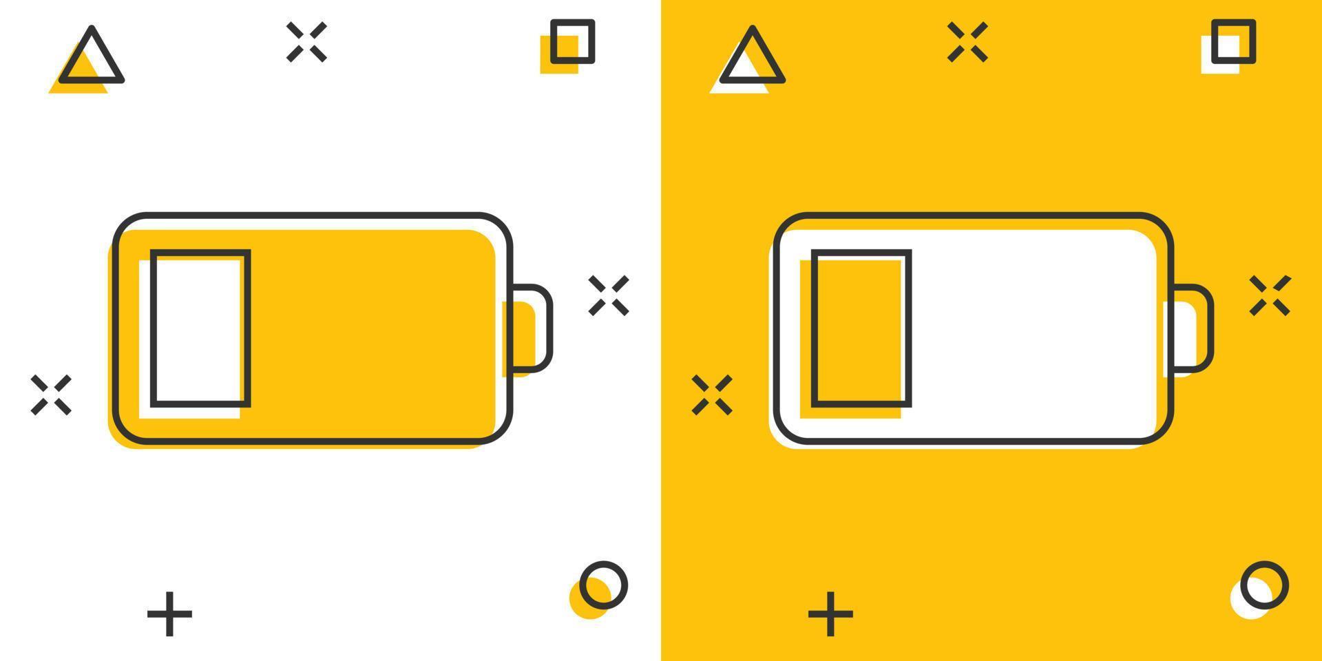 Battery charge icon in comic style. Power level cartoon vector illustration on white isolated background. Lithium accumulator splash effect business concept.