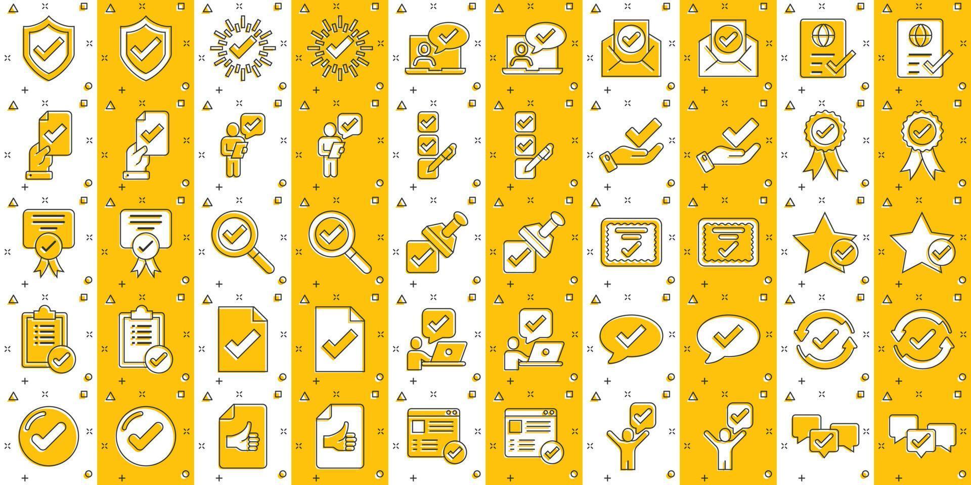 Approve icon set in comic style. Check mark cartoon vector illustration on white isolated background. Tick accepted splash effect business concept.