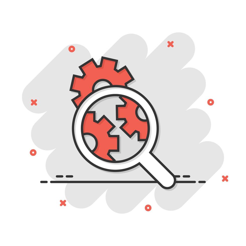 Loupe with gear icon in comic style. Magnifying glass cartoon vector illustration on white isolated background. Seo exploration splash effect business concept.