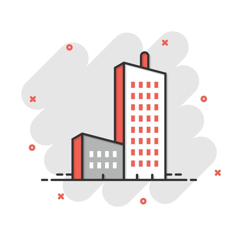 icono de construcción en estilo cómico. ciudad rascacielos apartamento dibujos animados vector ilustración sobre fondo blanco aislado. concepto de negocio de efecto de salpicadura de torre de la ciudad.