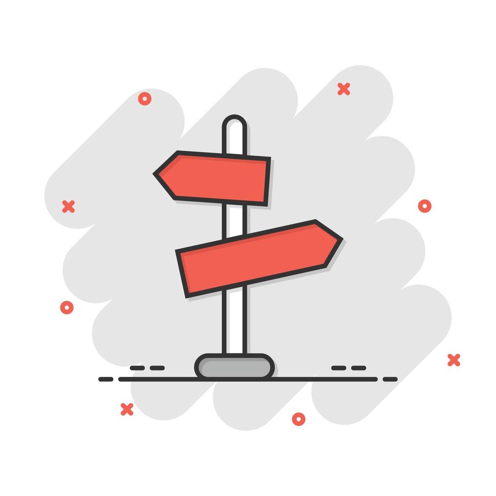 Crossroad signpost icon in comic style. Road direction cartoon vector illustration on white isolated background. Roadsign splash effect business concept.