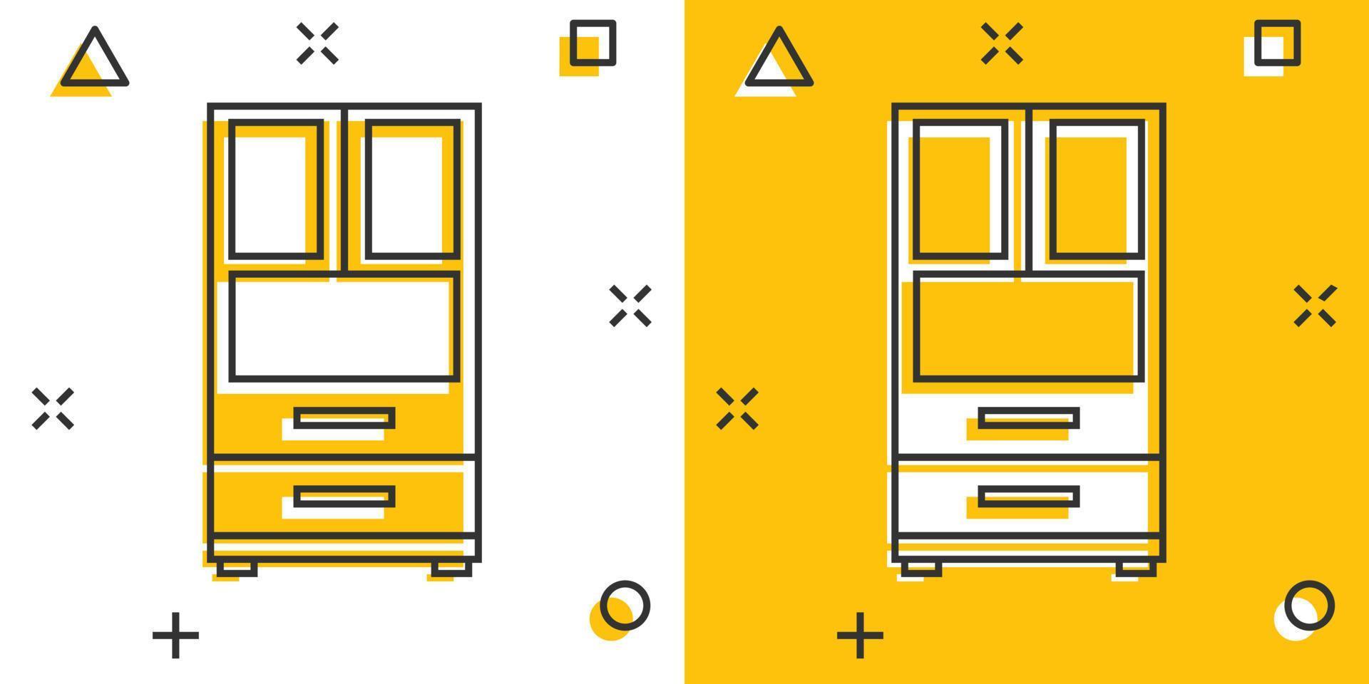 Vector cartoon cupboard icon in comic style. Furniture sign illustration pictogram. Cabinet business splash effect concept.