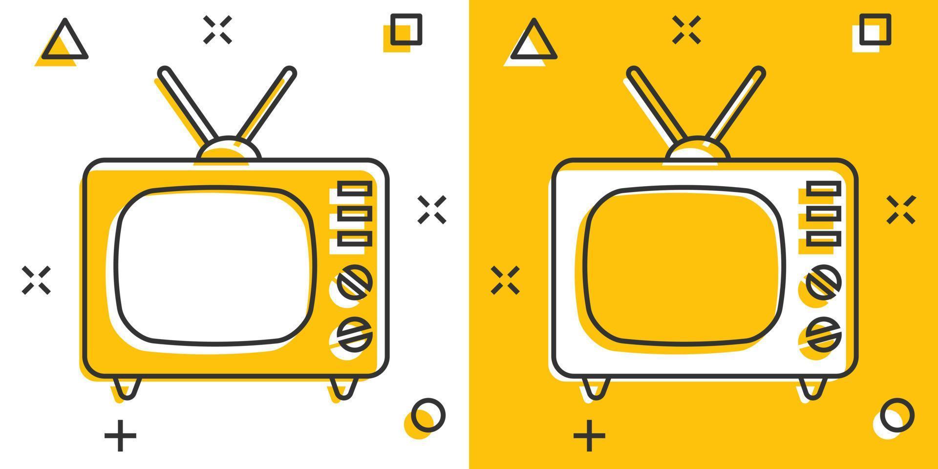 icono de tv de dibujos animados vectoriales en estilo cómico. pictograma de ilustración de señal de televisión. concepto de efecto de salpicadura de negocio de televisión. vector