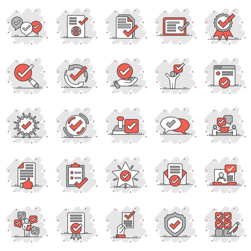 Approve icon set in comic style. Check mark cartoon vector illustration on white isolated background. Tick accepted splash effect business concept.