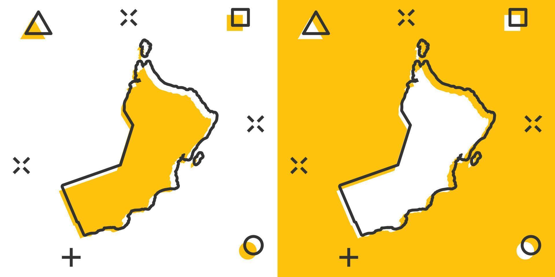 Vector cartoon Oman map icon in comic style. Oman sign illustration pictogram. Cartography map business splash effect concept.