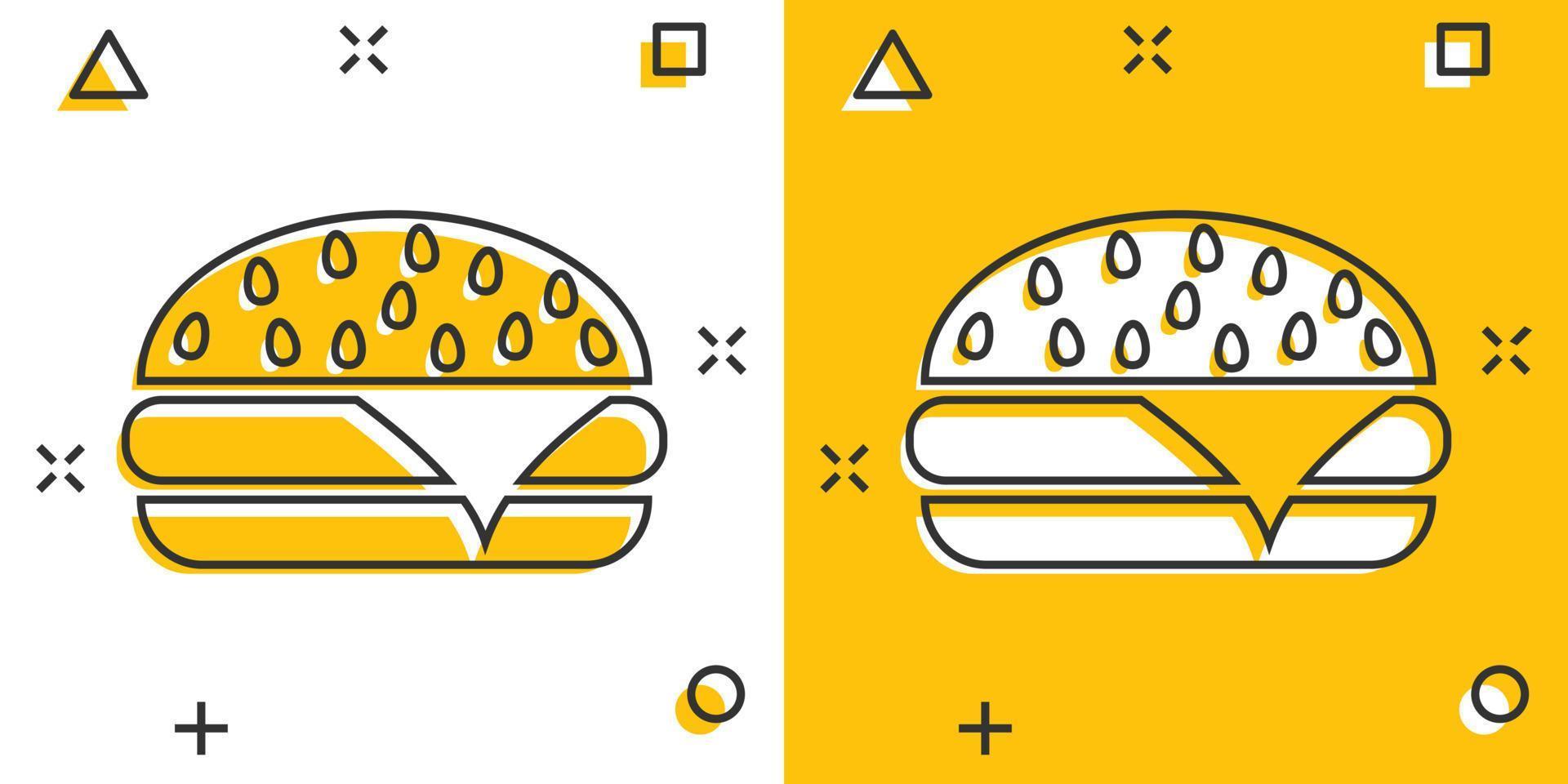 icono de comida rápida de hamburguesa de dibujos animados vectoriales en estilo cómico. pictograma de ilustración de signo de hamburguesa. concepto de efecto de salpicadura de negocio de hamburguesas. vector