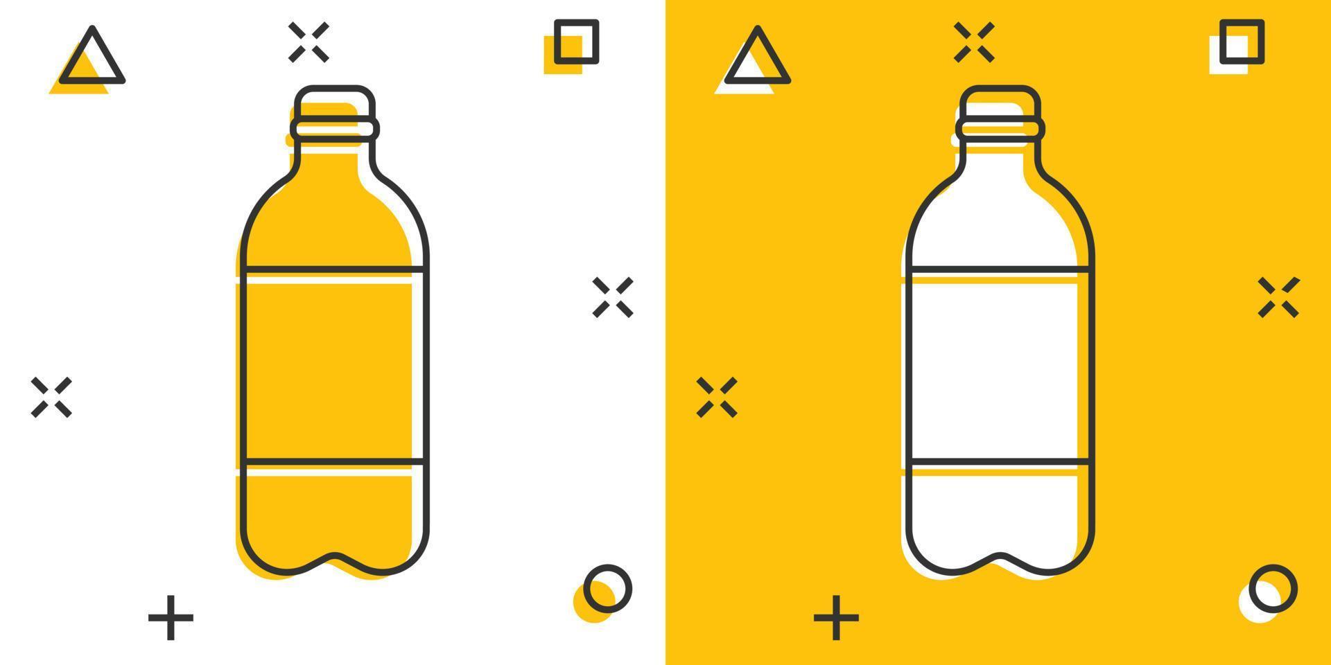 Water bottle icon in comic style. Plastic soda bottle vector cartoon illustration pictogram. Liquid water business concept splash effect.