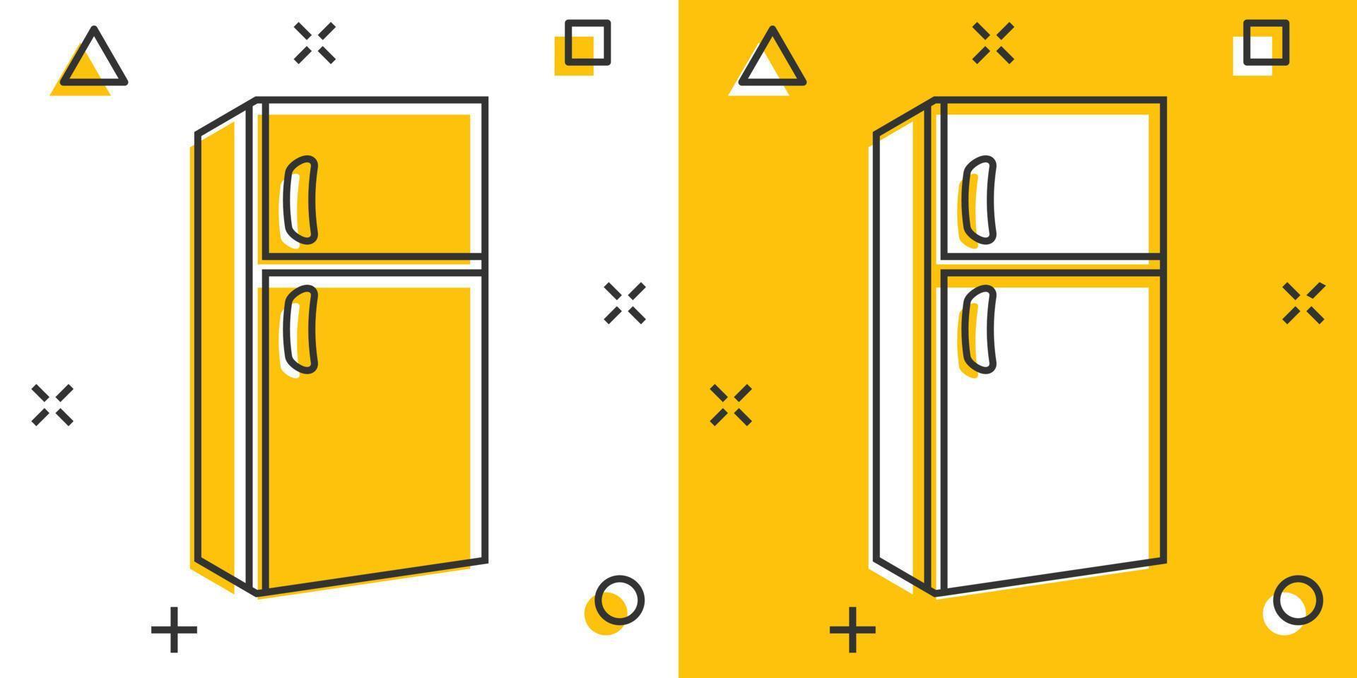 Fridge refrigerator icon in comic style. Freezer container vector cartoon illustration pictogram. Fridge business concept splash effect.