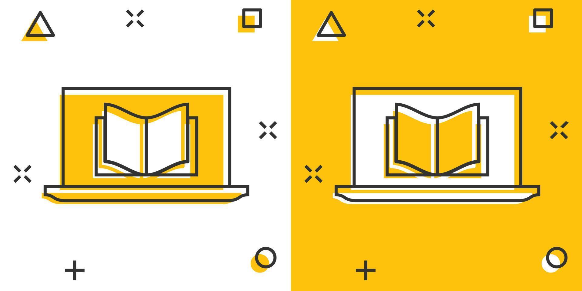 icono de educación elearning en estilo cómico. pictograma de ilustración de dibujos animados de vector de estudio. efecto de salpicadura de concepto de negocio de capacitación en línea de computadora portátil.