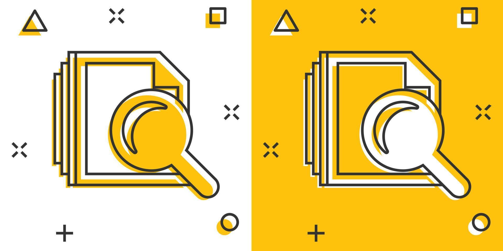 Scrutiny document plan icon in comic style. Review statement vector cartoon illustration pictogram. Document with magnifier loupe business concept splash effect.