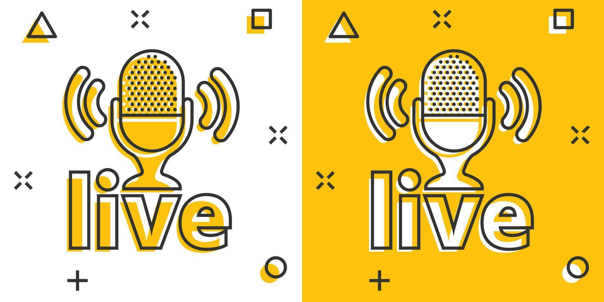 Microphone icon in comic style. Live broadcast vector cartoon illustration on white isolated background. Sound record business concept splash effect.