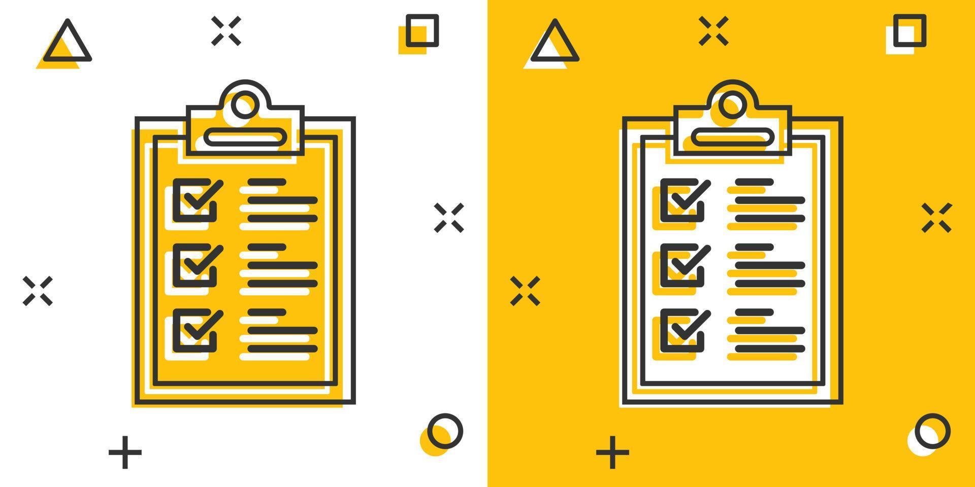 icono de signo de portapapeles de lista de verificación en estilo cómico. ilustración de dibujos animados de vector de lista de documentos sobre fondo blanco aislado. efecto de salpicadura de concepto de negocio de bloc de notas de cuestionario.