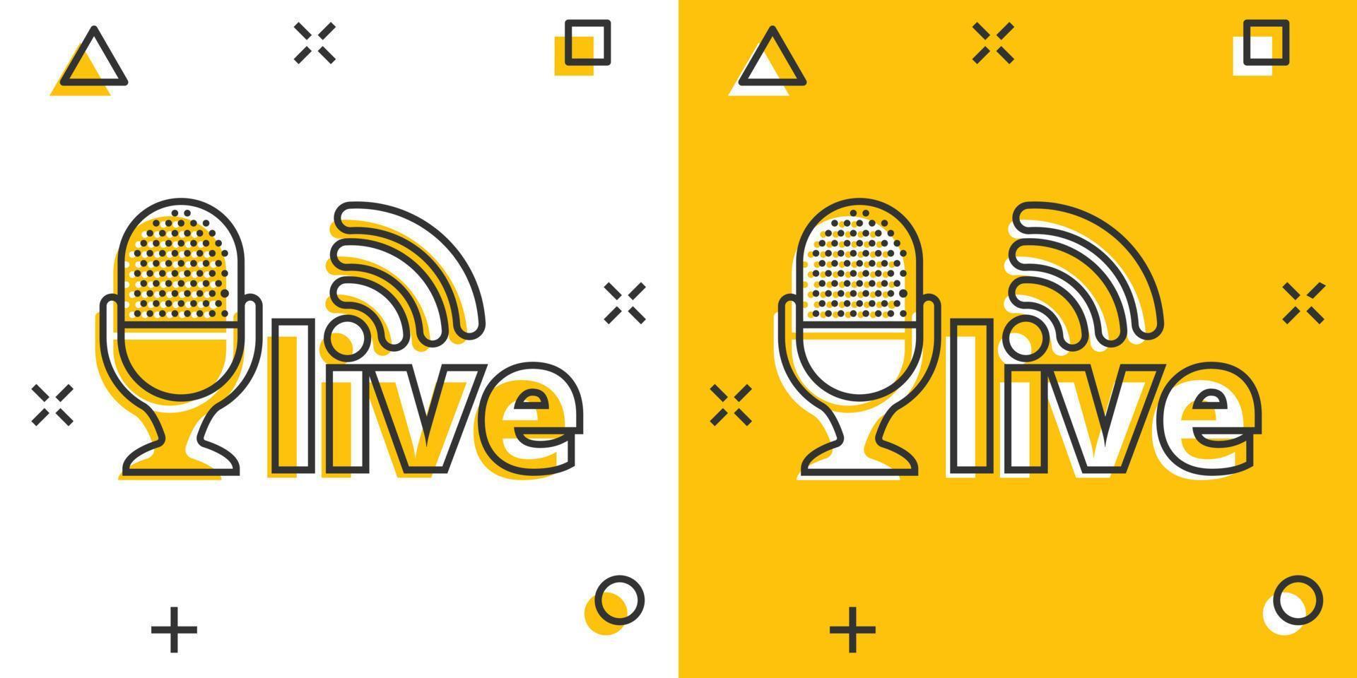 Microphone icon in comic style. Live broadcast vector cartoon illustration on white isolated background. Sound record business concept splash effect.