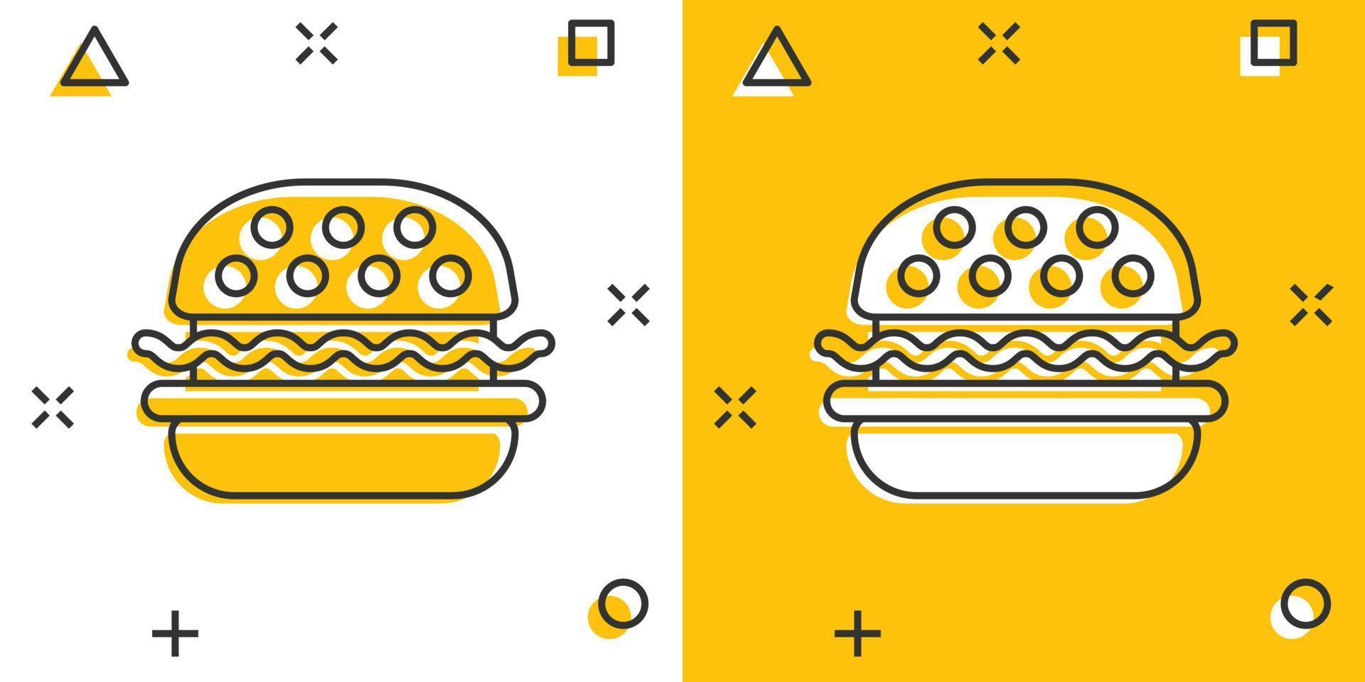 icono de signo de hamburguesa en estilo cómico. ilustración de dibujos animados de vector de hamburguesa sobre fondo blanco aislado. efecto de salpicadura de concepto de negocio de hamburguesa con queso.