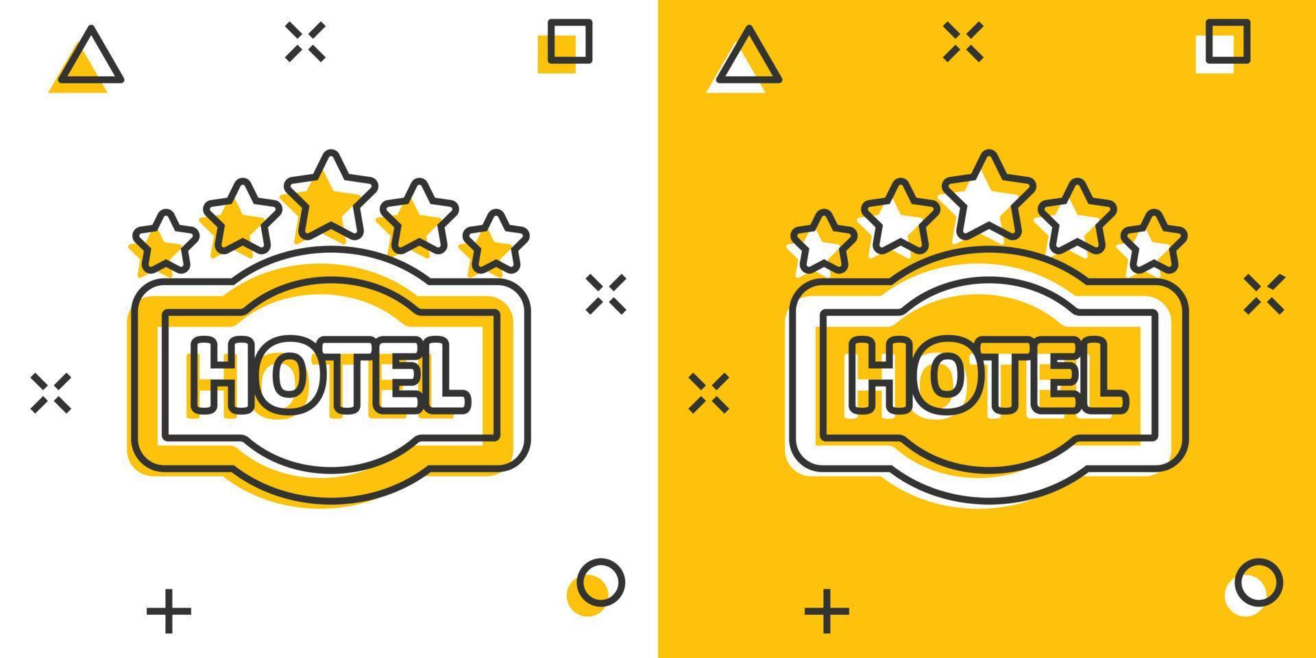 Hotel 5 stars sign icon in comic style. Inn cartoon vector illustration on white isolated background. Hostel room information splash effect business concept.