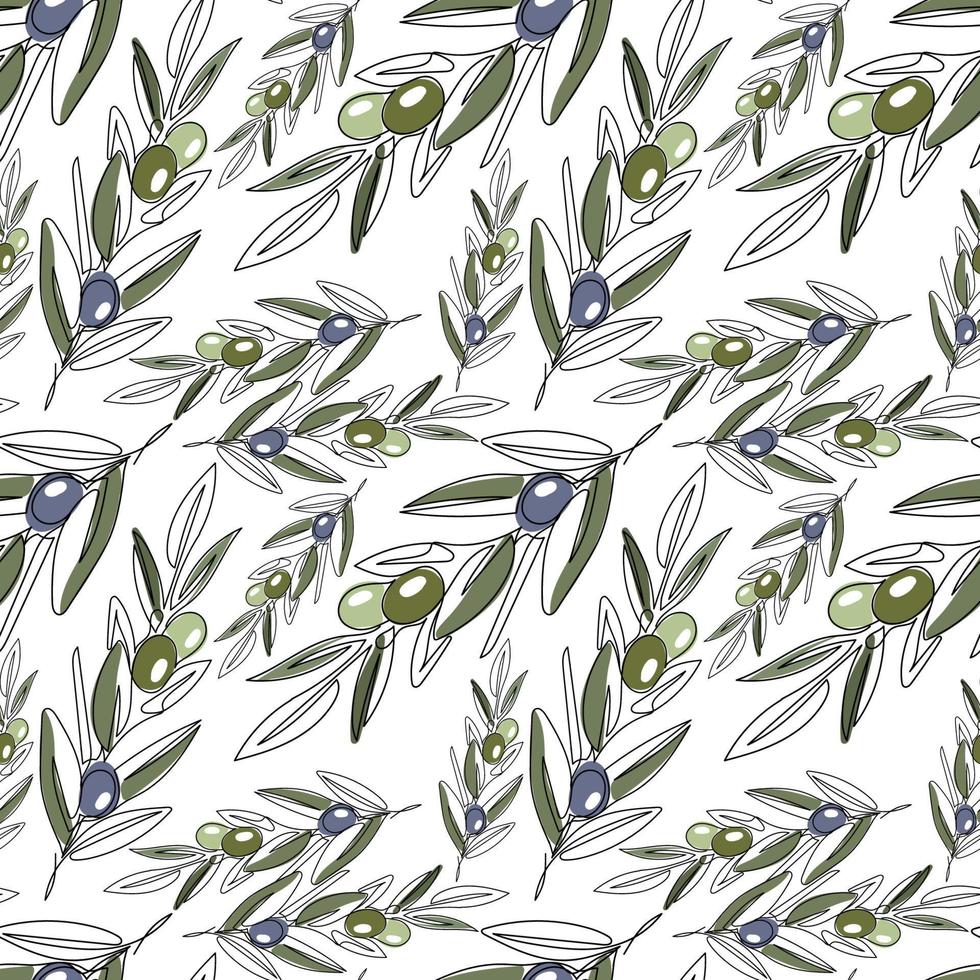 Seamless pattern with branch olives, lemon slices and a glass bottle of premium virgin olive oil. Can be used like pattern for kitchen textile, wrapping paper and cards. Vector illustration.